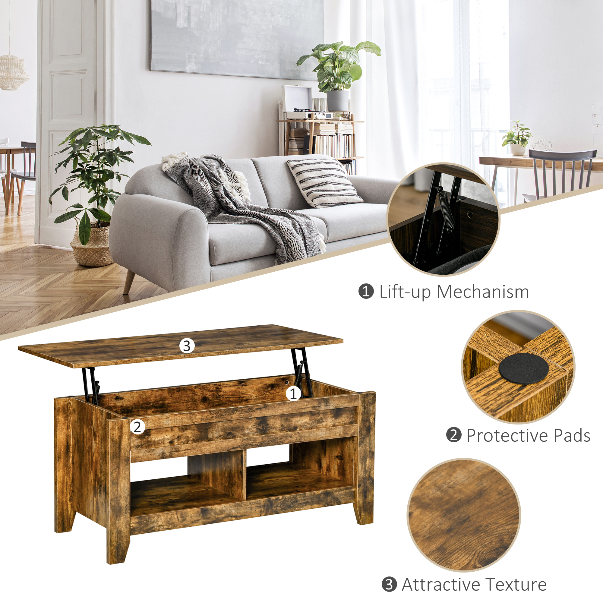 Lift Top Coffee Table with Hidden Storage Compartment and Open Shelves, Lift Tabletop Pop-Up Center Table for Living Room, Brown - Image 4