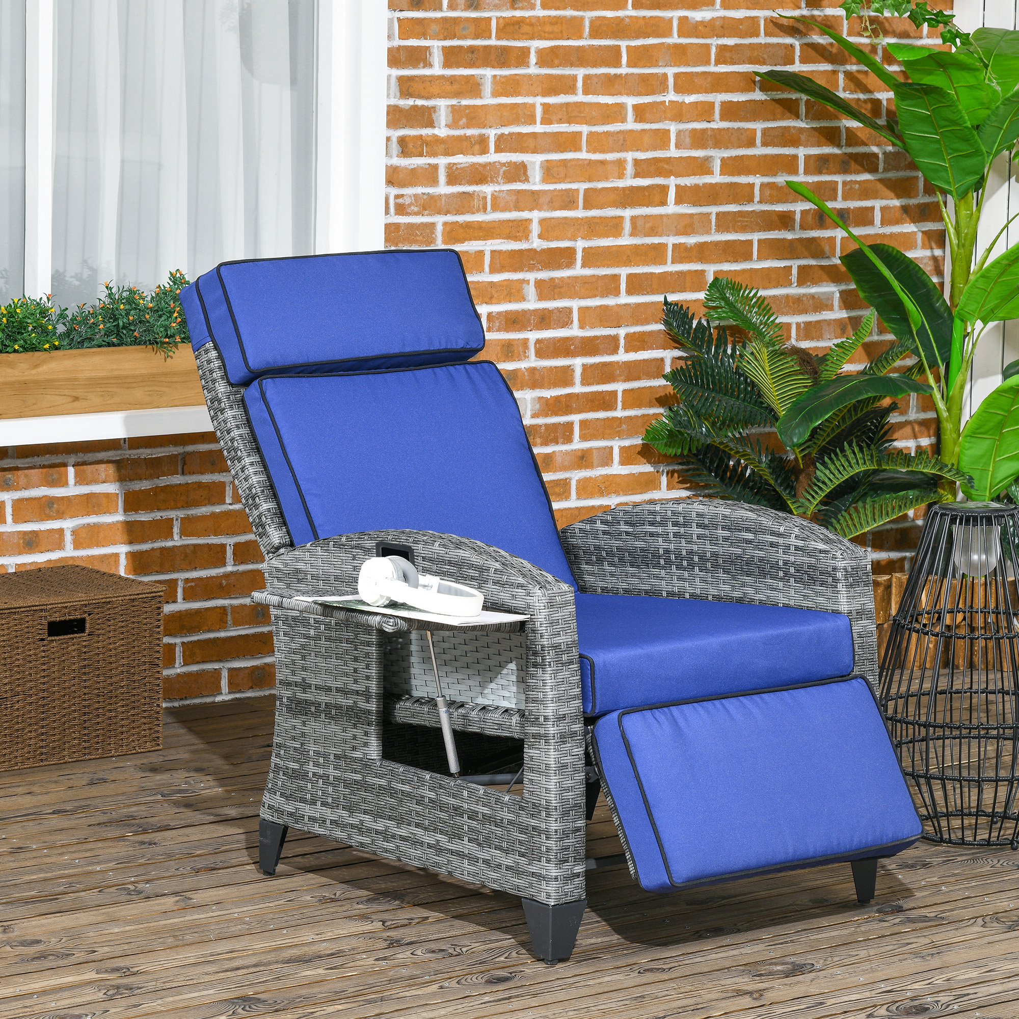 Outdoor Recliner Chair with Adjustable Backrest, Cushion, Side Tray, Dark Blue - Image 6