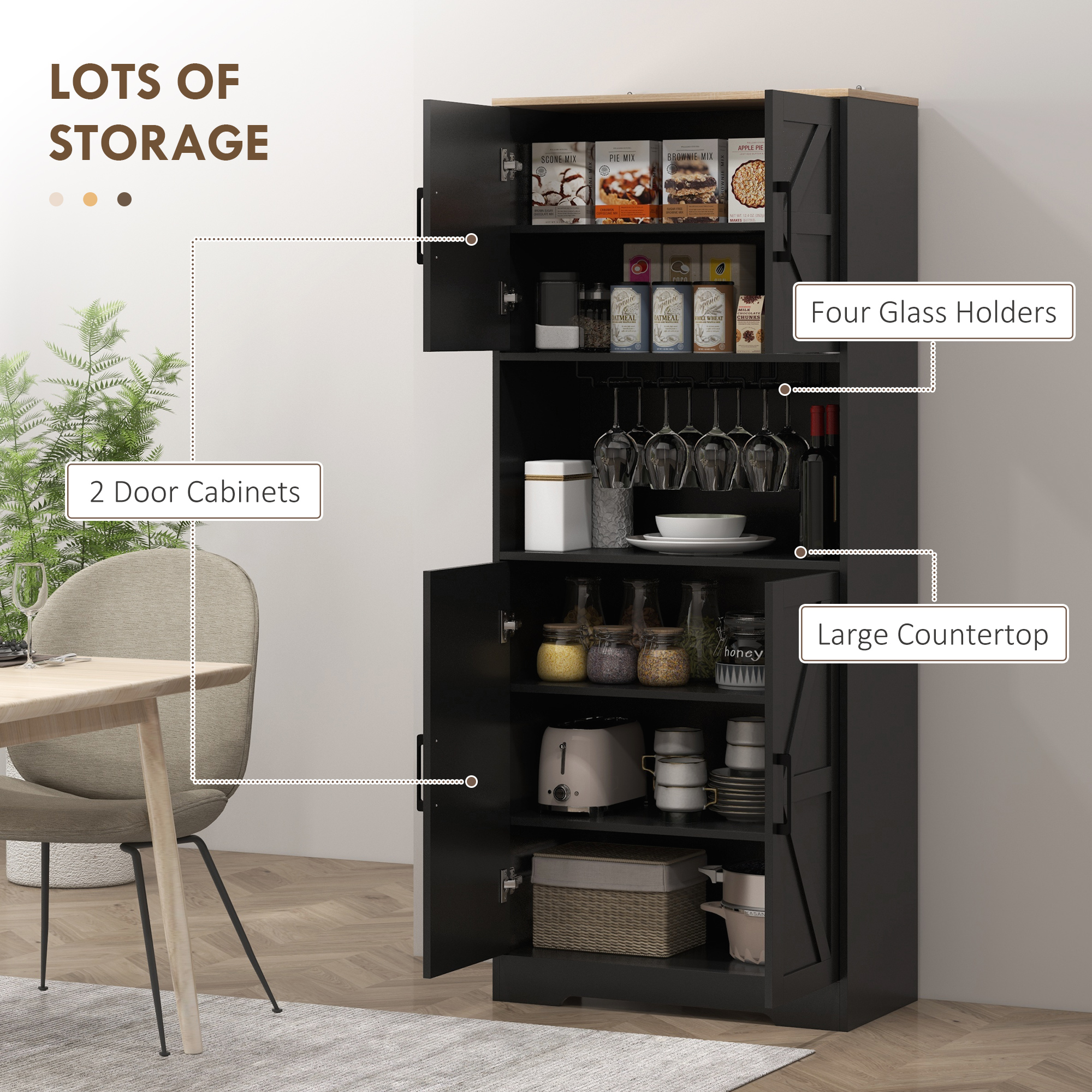 Farmhouse Kitchen Pantry, 68" Freestanding Hutch Storage Cabinet with Microwave Oven Countertop, Black - Image 2
