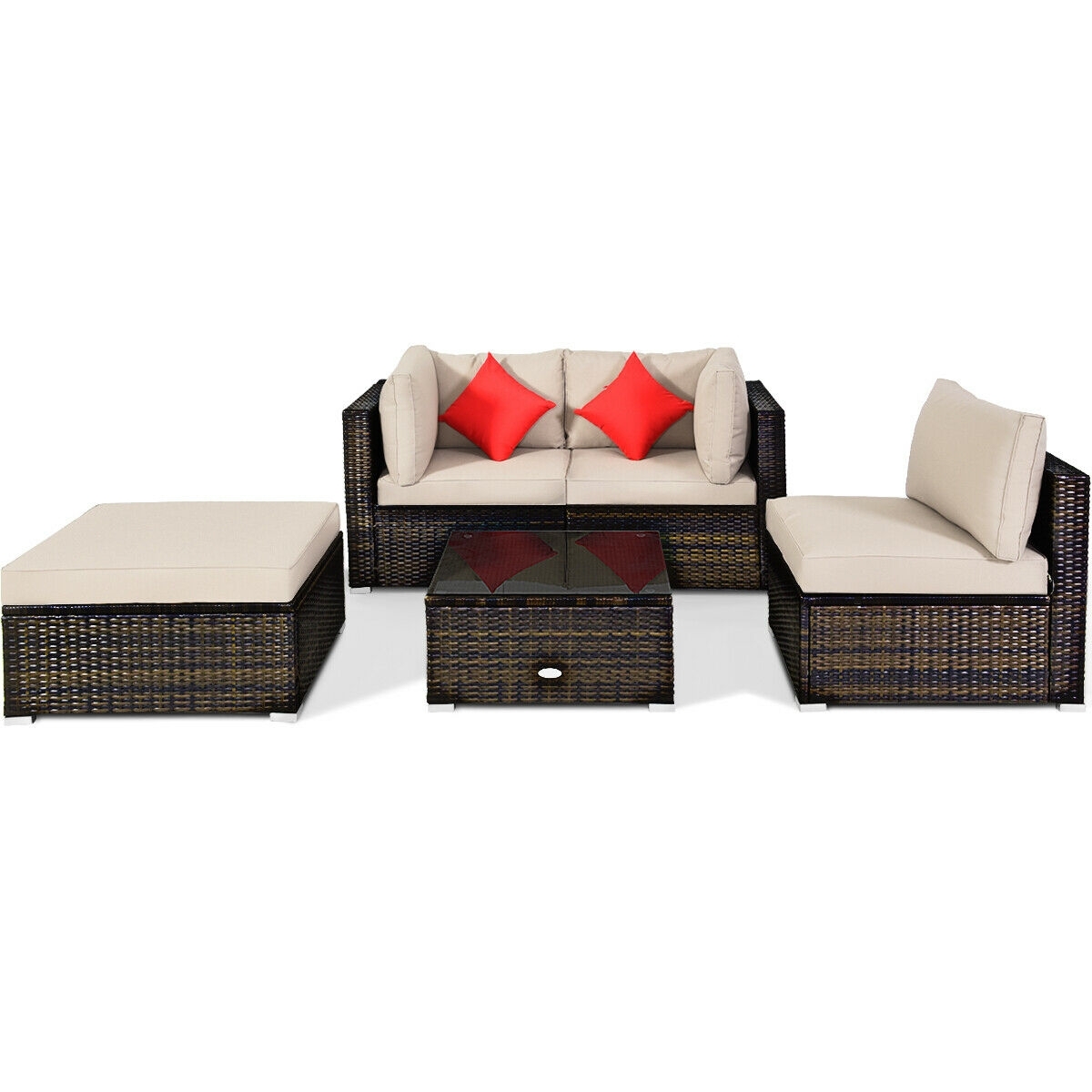 5 Pieces Outdoor Patio Rattan Furniture Set Sectional Conversation with Cushions-Beige - Image 3