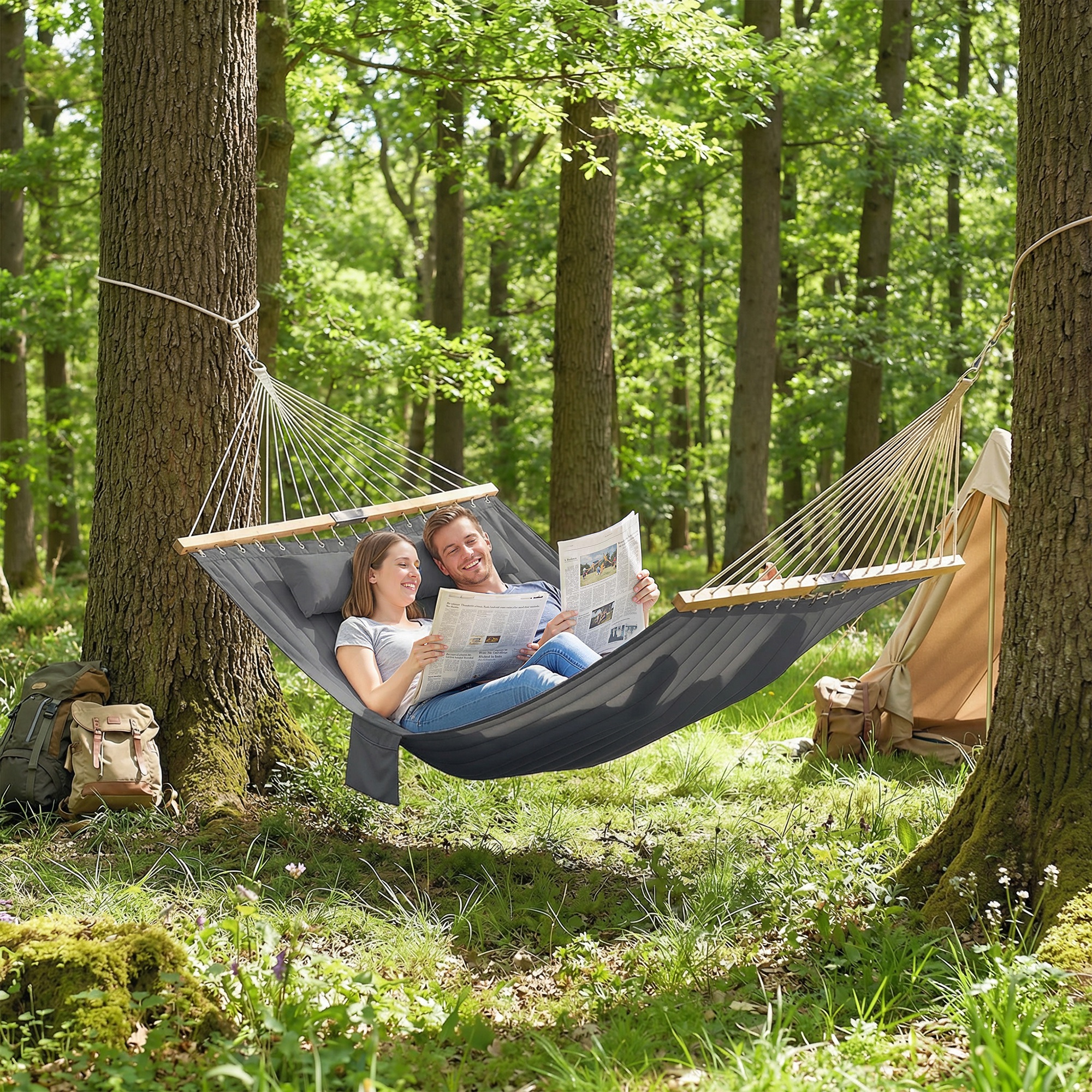Outdoor Hammock Padded Camping Hammock with Pillow & Spreader Bars 200 x 140 cm Grey - Image 6