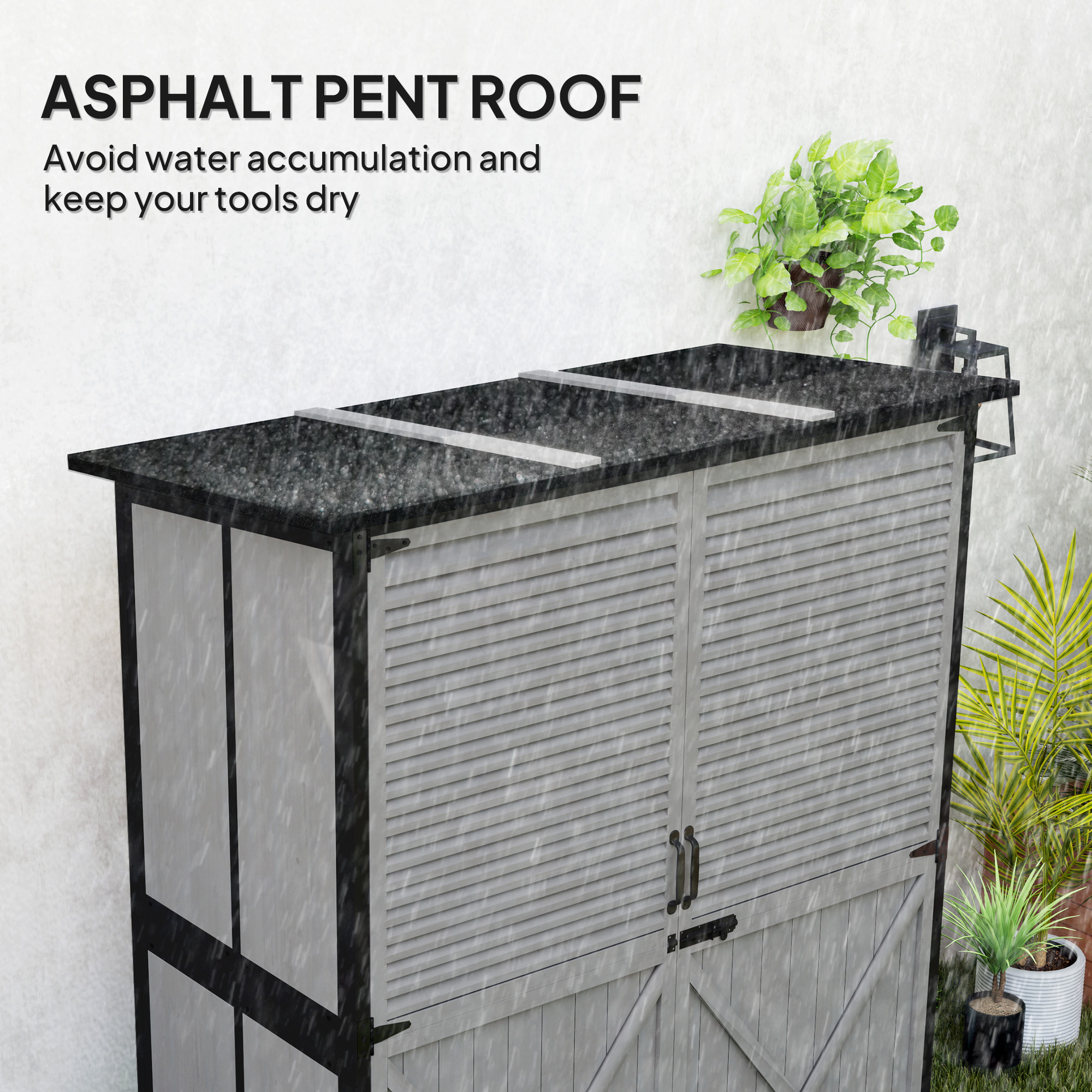 Outdoor Storage Cabinet, Wood Garden Shed with Steel Frame, Asphalt Roof, 2 Shelves and Lockable Doors, Grey - Image 3