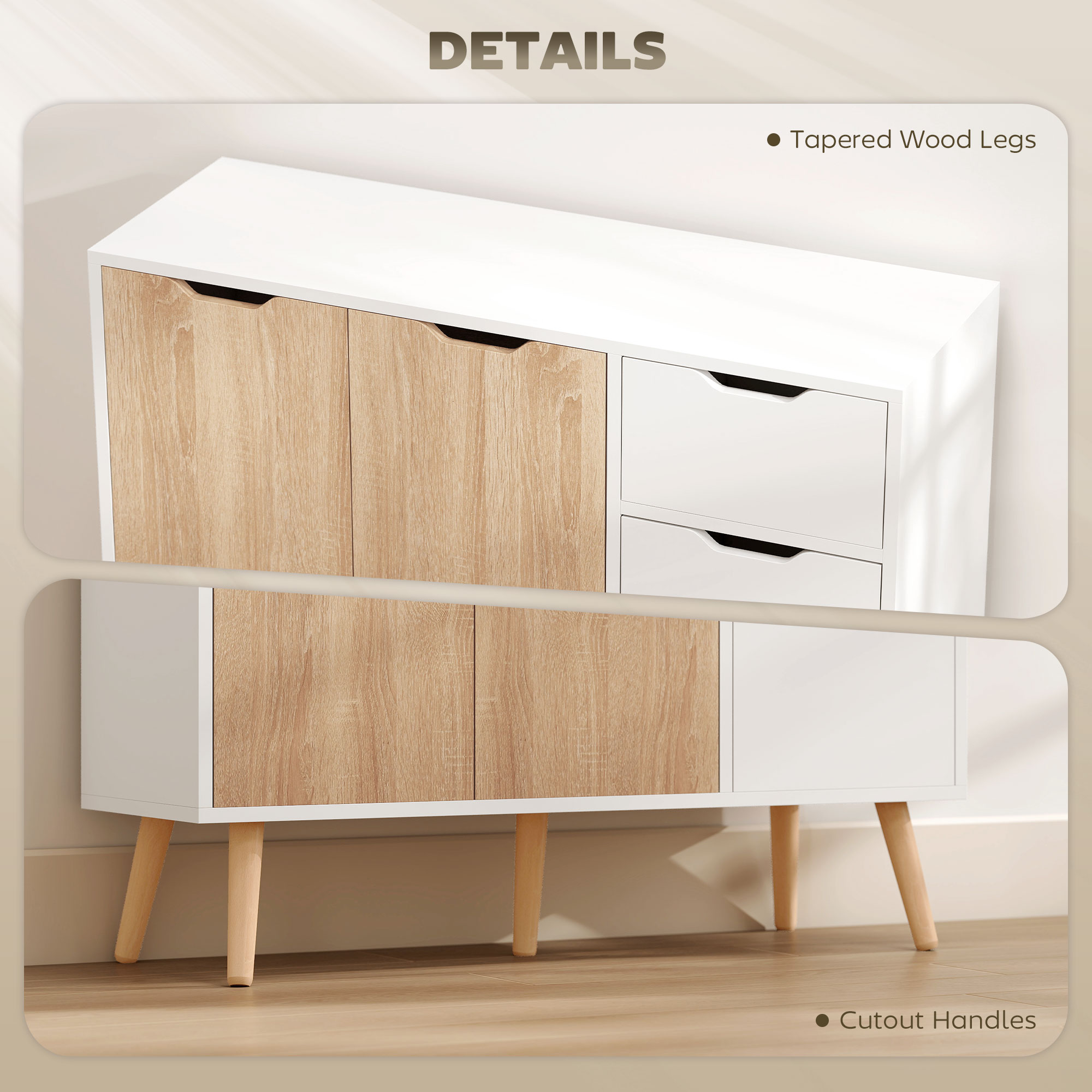 35" Sideboard Storage Cabinet with Drawer, White and Nature Wood - Image 4