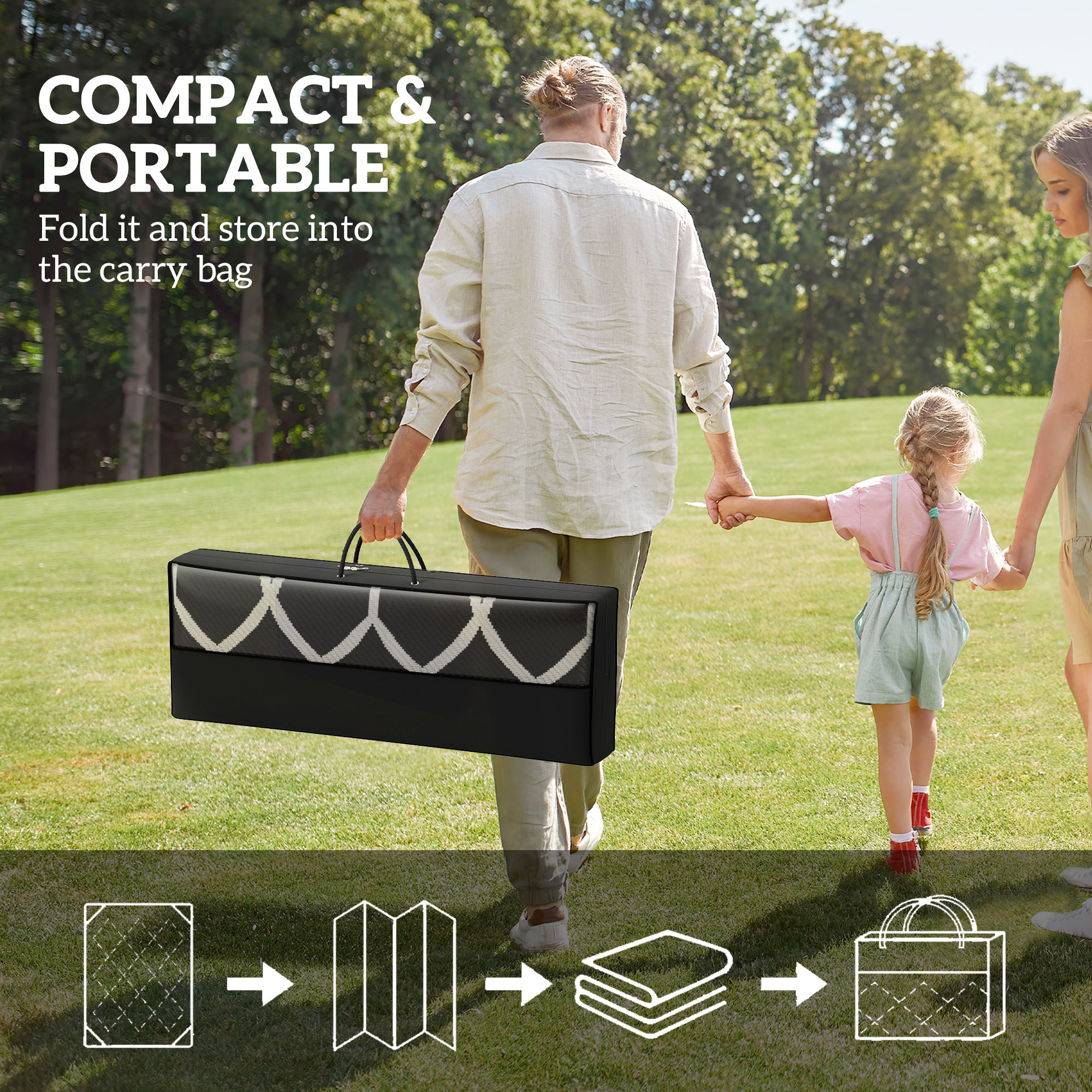 9' x 18' Outdoor RV Rug, Reversible Patio Floor Mat with Carry Bag, Lantern, Black and Grey - Image 2
