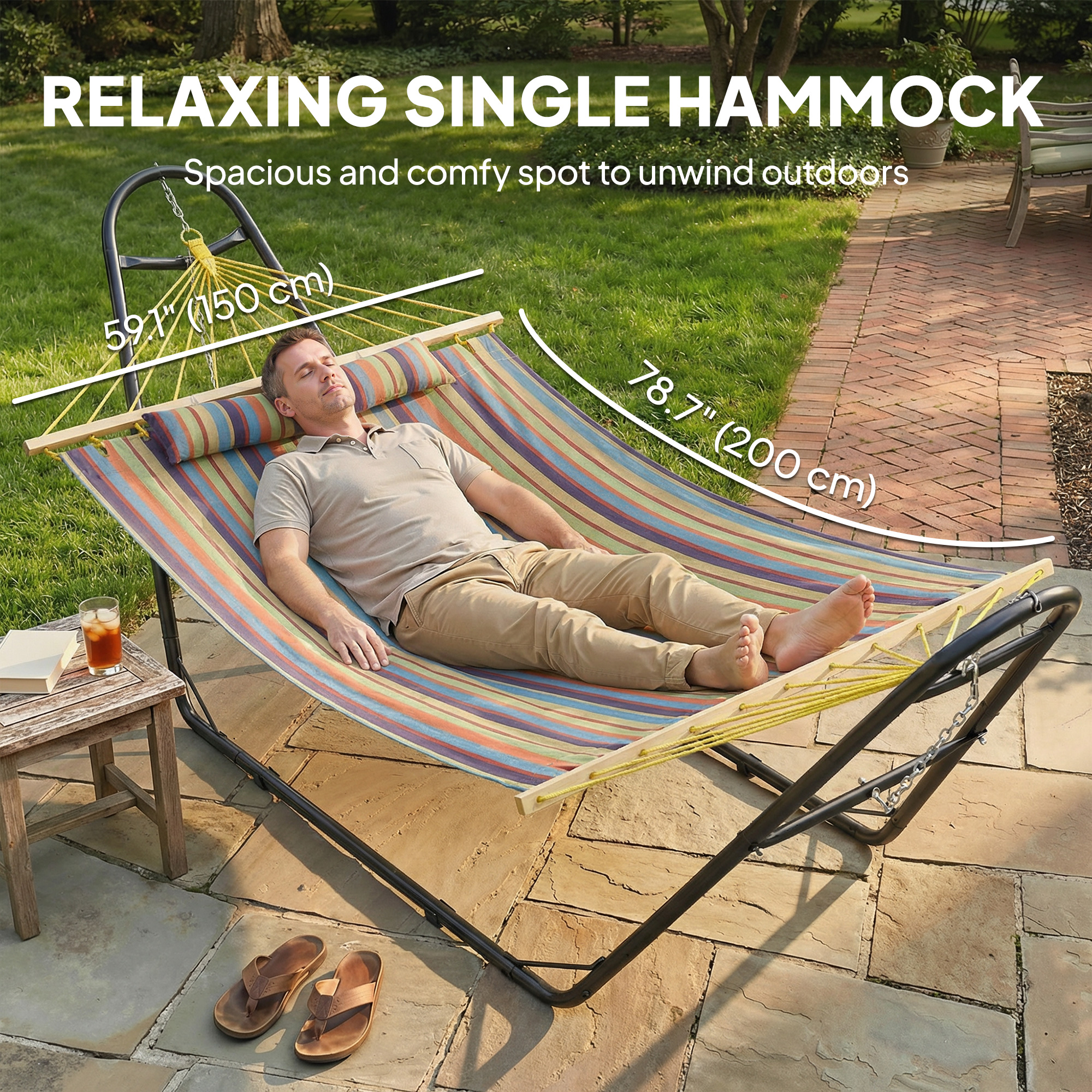 Hammock with Stand, Heavy Duty Camping Hammock with Detachable Pillow and Spreader Bar, 264 lbs Capacity, Multicolor - Image 2
