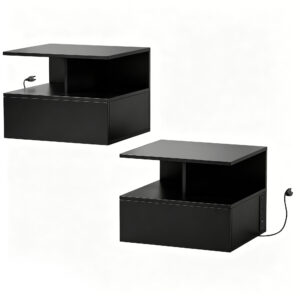 Floating Nightstand Set of 2, Wall Mounted Bedside Table with with Power Outlets, Drawer and Shelf, Black