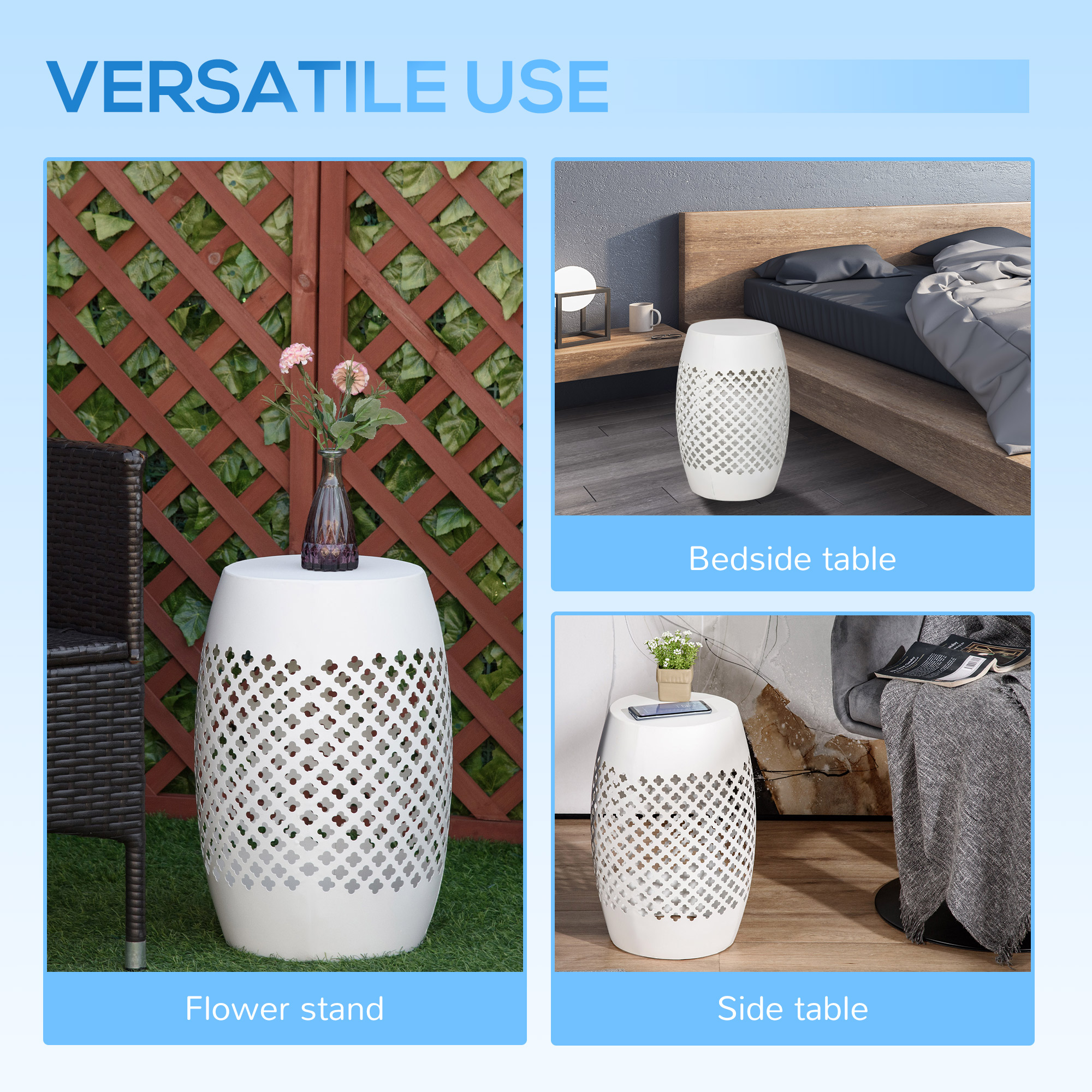 12" Steel Patio End Table, Round Hollow Drum Side Table, Accent Table for Indoor and Outdoor, White - Image 3
