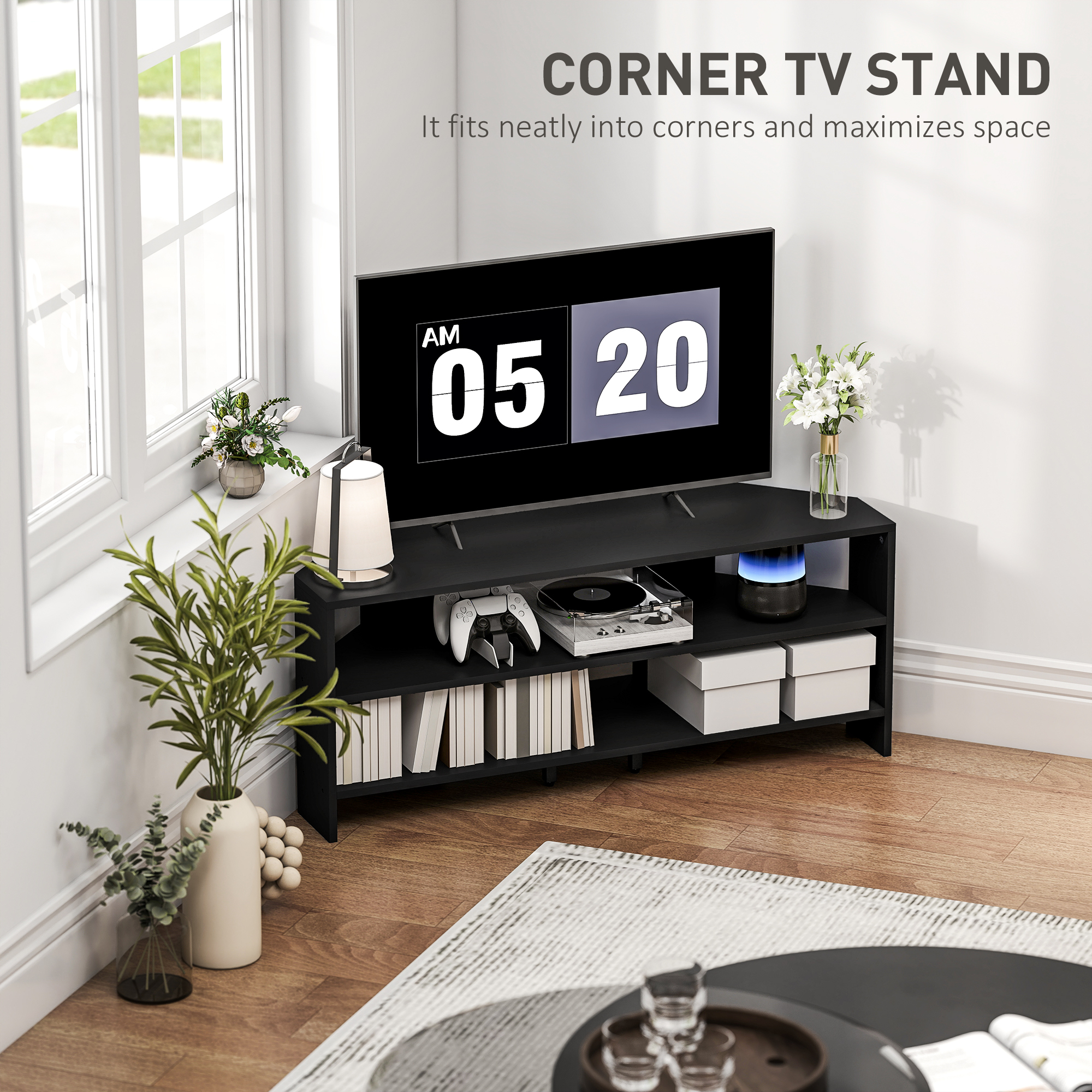 Corner TV Stand, Modern TV Table with 2 Open Shelves for 47 Inch TV, Entertainment Center for Living Room, Black - Image 2