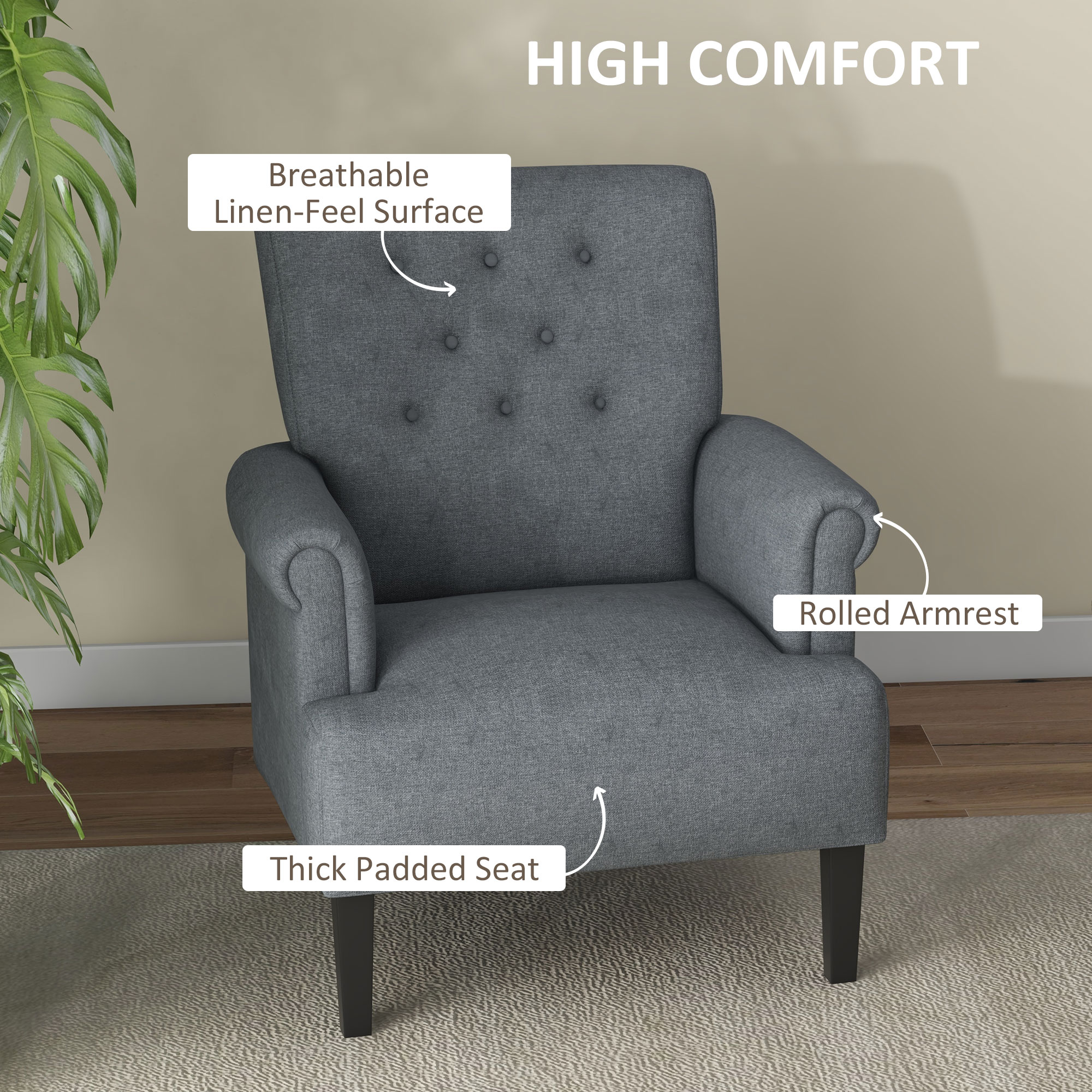 Armchair, Fabric Accent Chair, Modern Living Room Chair with Wood Legs and Rolled Arms for Bedroom, Grey - Image 2