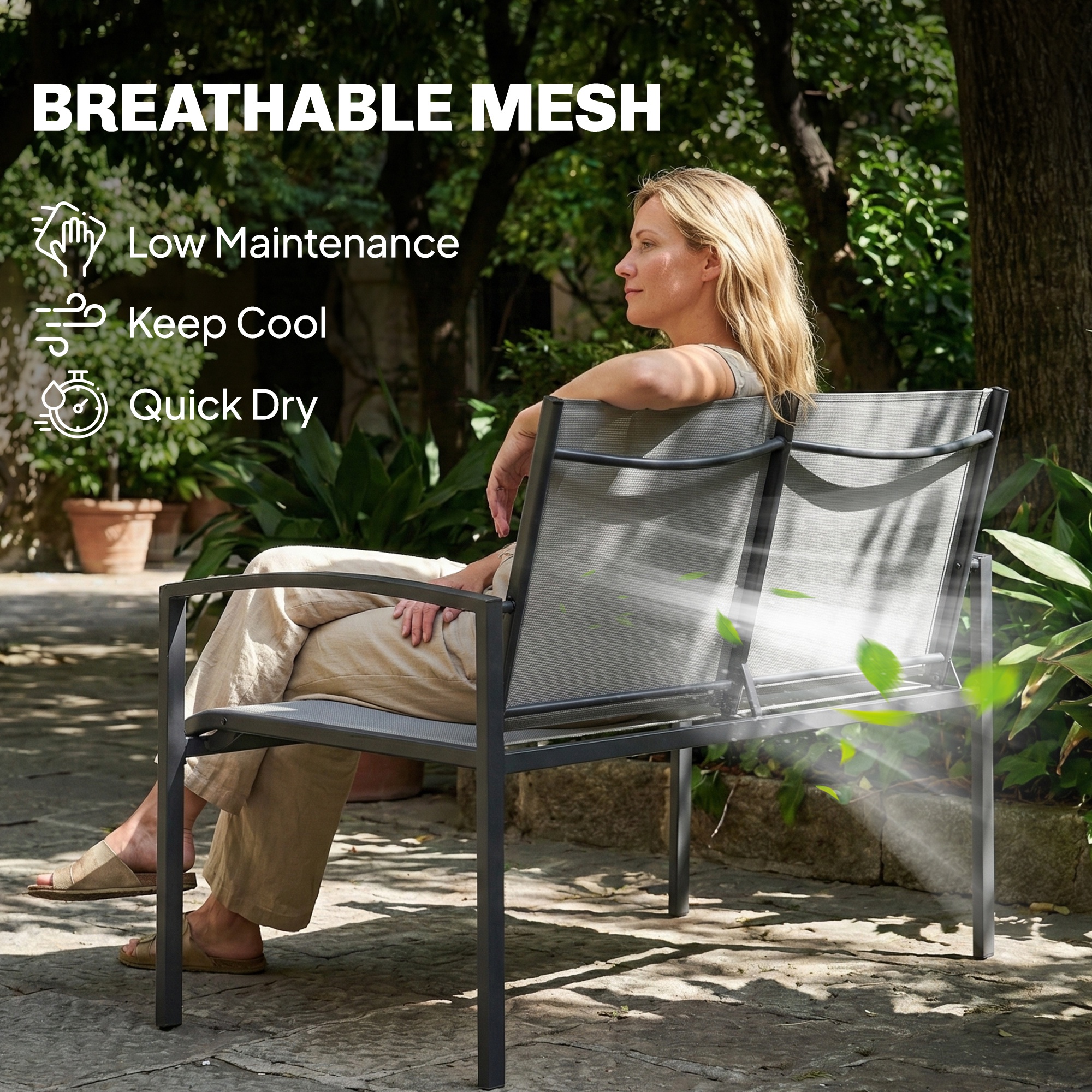 Outdoor Garden Bench, 44 in Metal Patio Garden Park Bench with Breathable Mesh Fabric, 484 lb Load Capacity, Grey - Image 3