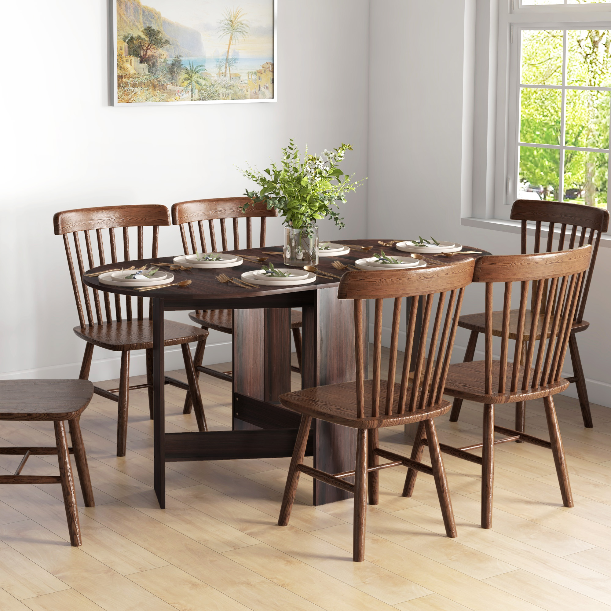 Oval Folding Dining Table, Space Saving Drop Leaf Kitchen Table for Dining Room, Living Room, Distressed Brown - Image 6