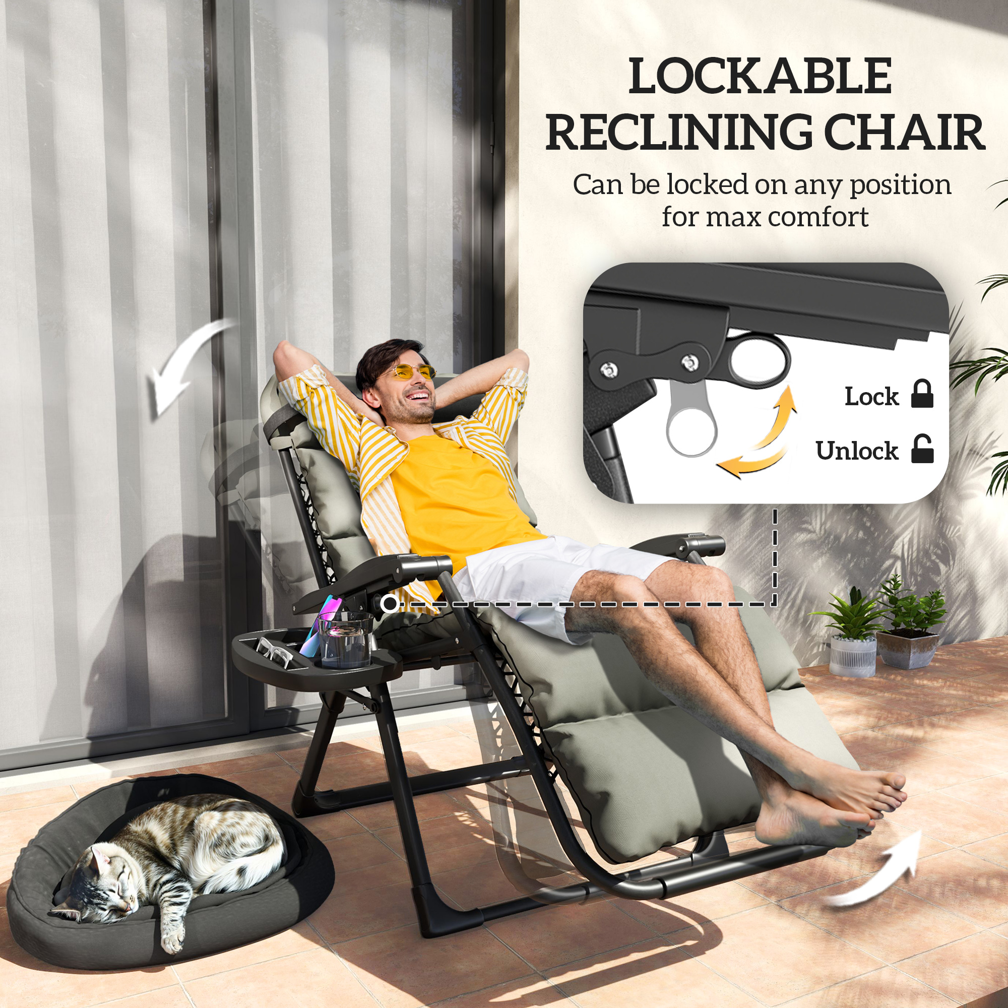 2pcs Reclining Zero Gravity Chair with Adjustable Backrest, Folding Garden Sun Lounger with Removable Cushion, Grey - Image 2