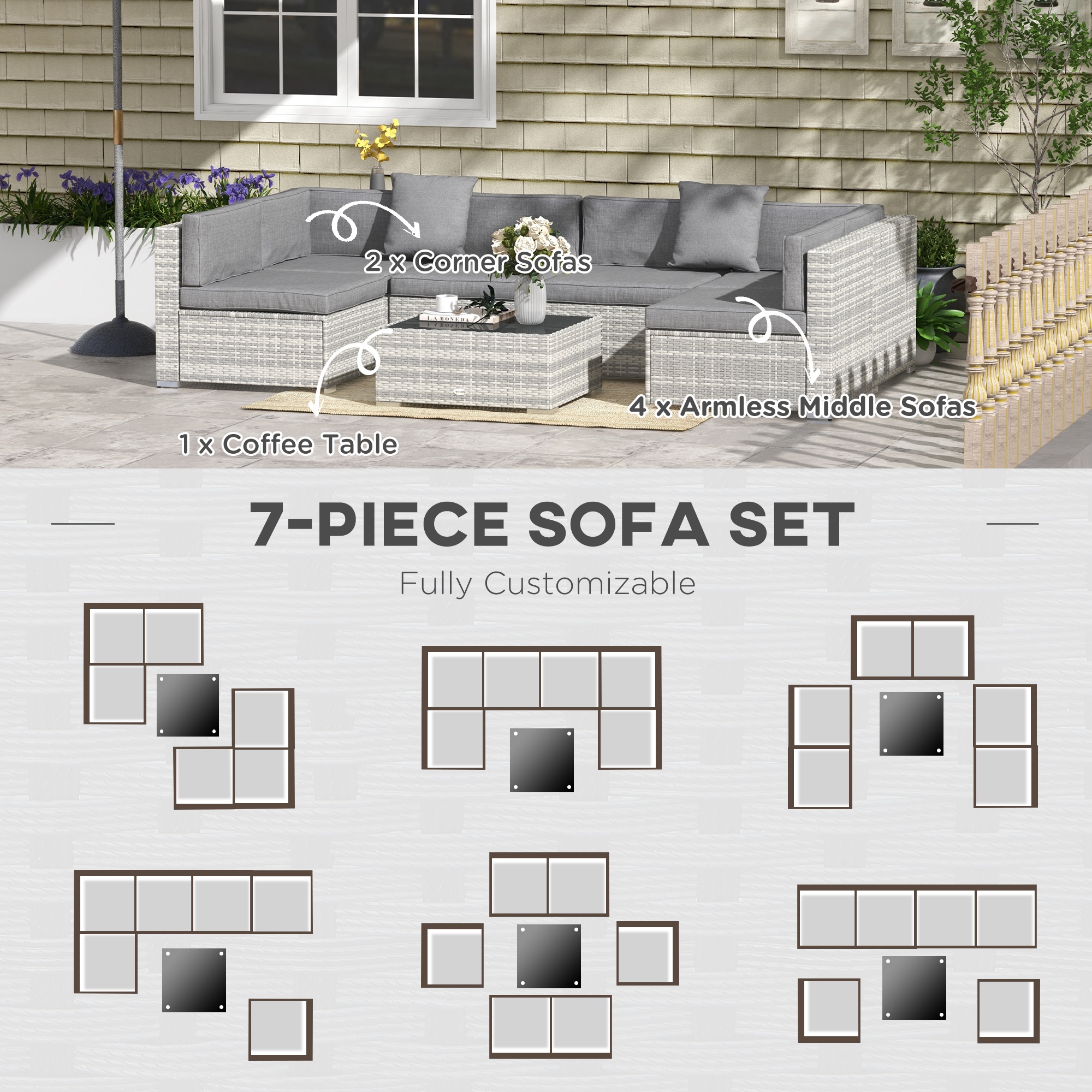 7 Pieces Patio Furniture Set, Rattan Conversation Set Garden Wicker Sofa Set with Washable Cushions and Coffee Table, Grey - Image 2