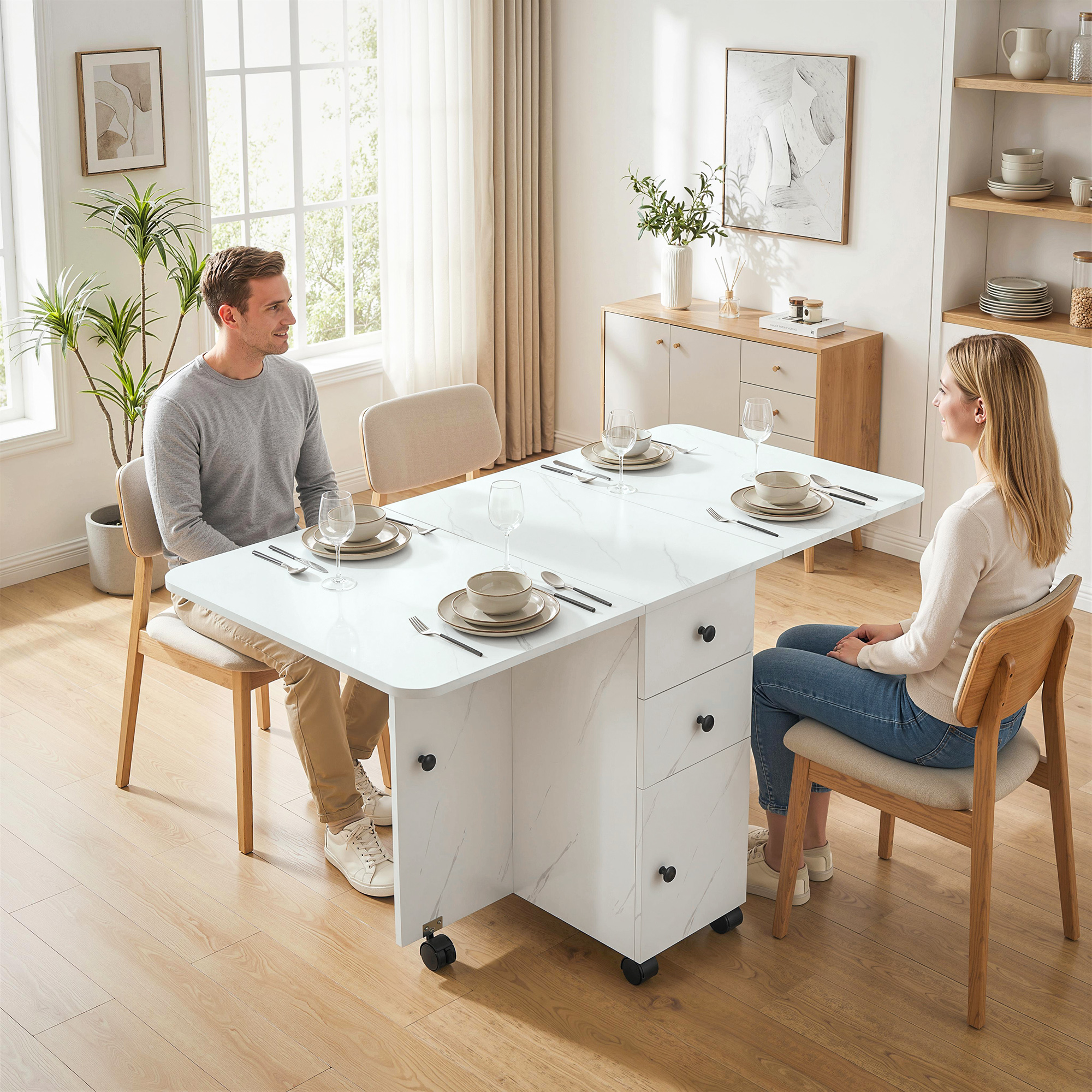 Drop Leaf Dining Table, Mobile Folding Table on Wheels with Drawers and Cabinet for Dining Room, Kitchen, Marble White - Image 6