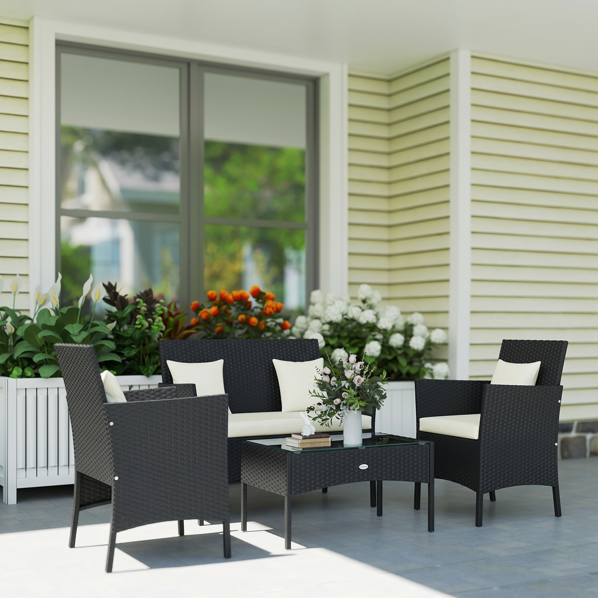 4-Piece Rattan Outdoor Furniture Set Patio Furniture Set with Coffee Table 22.8" W x 21.7" D x 33.5" H Black & Cream - Image 6