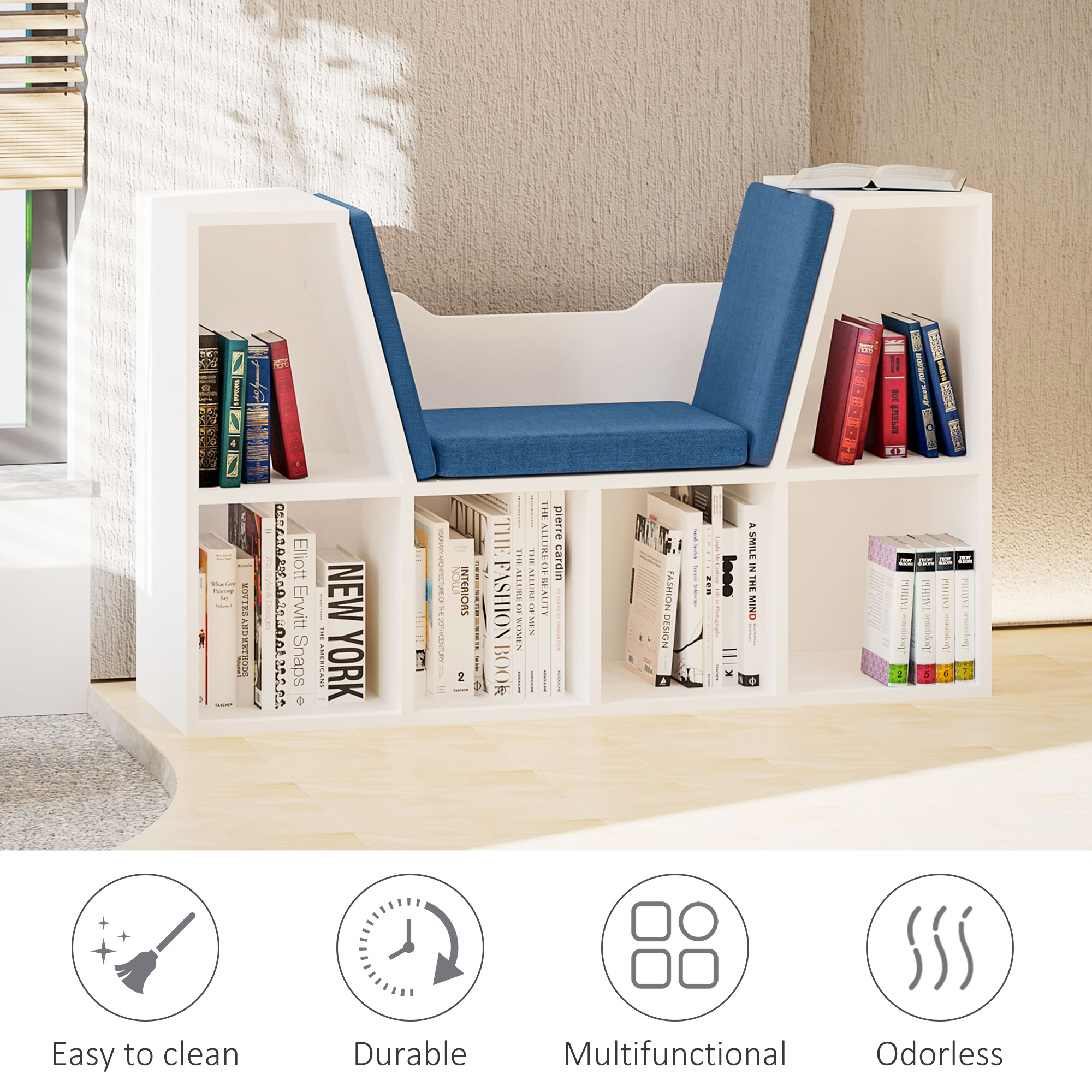 6-Cubby Bookcase with Seat Cushion, Cube Storage Shelf with Reading Nook for Home Office, Study, Blue - Image 6
