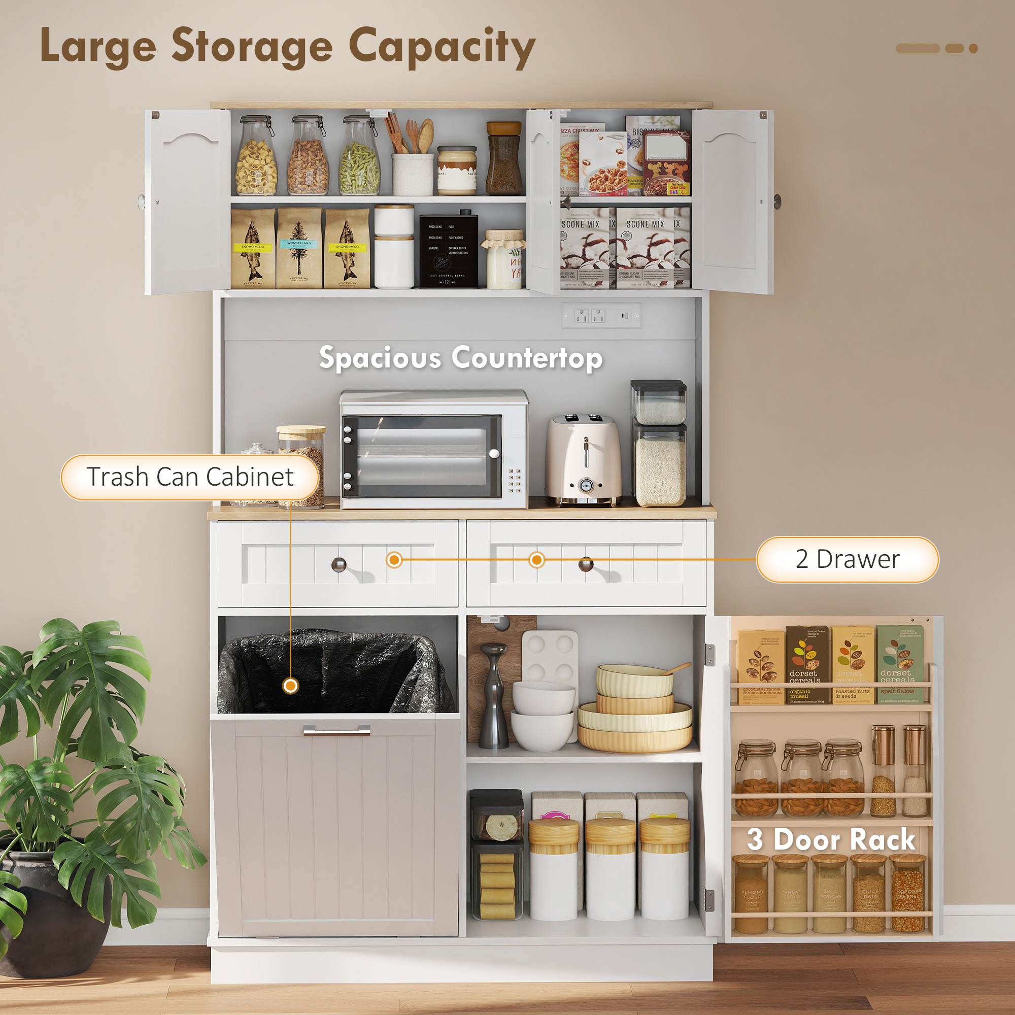 68" Pantry Cabinet with Charging Station, Storage Cabinet with Microwave Stand, 10 Gallon Trash Can Cabinet, White - Image 2