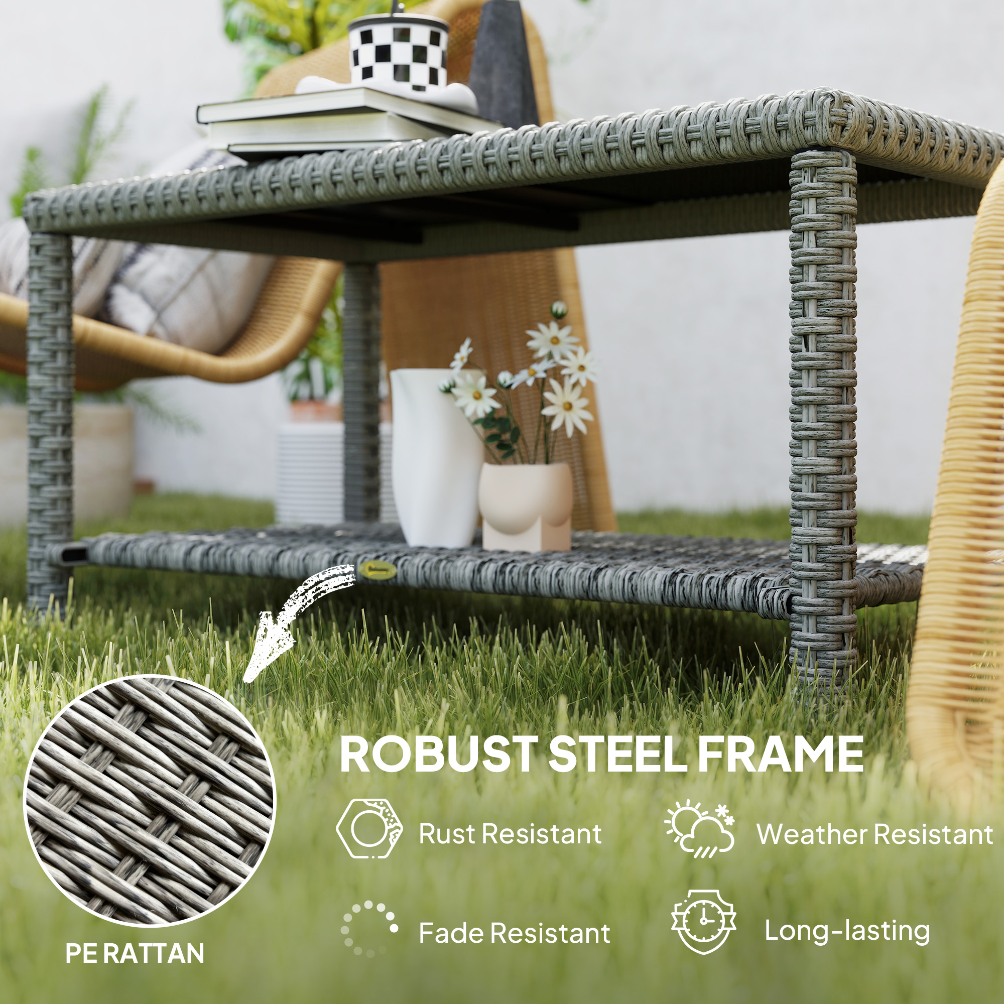35" Outdoor Wicker Coffee Table with Glass Top, Storage Shelf for Garden Porch Balcony Deck, Dark Grey - Image 4
