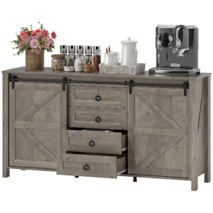 60" Buffet Cabinet, Farmhouse Sideboard with Sliding Barn Doors, Drawers and Adjustable Shelves, Distressed Light Grey