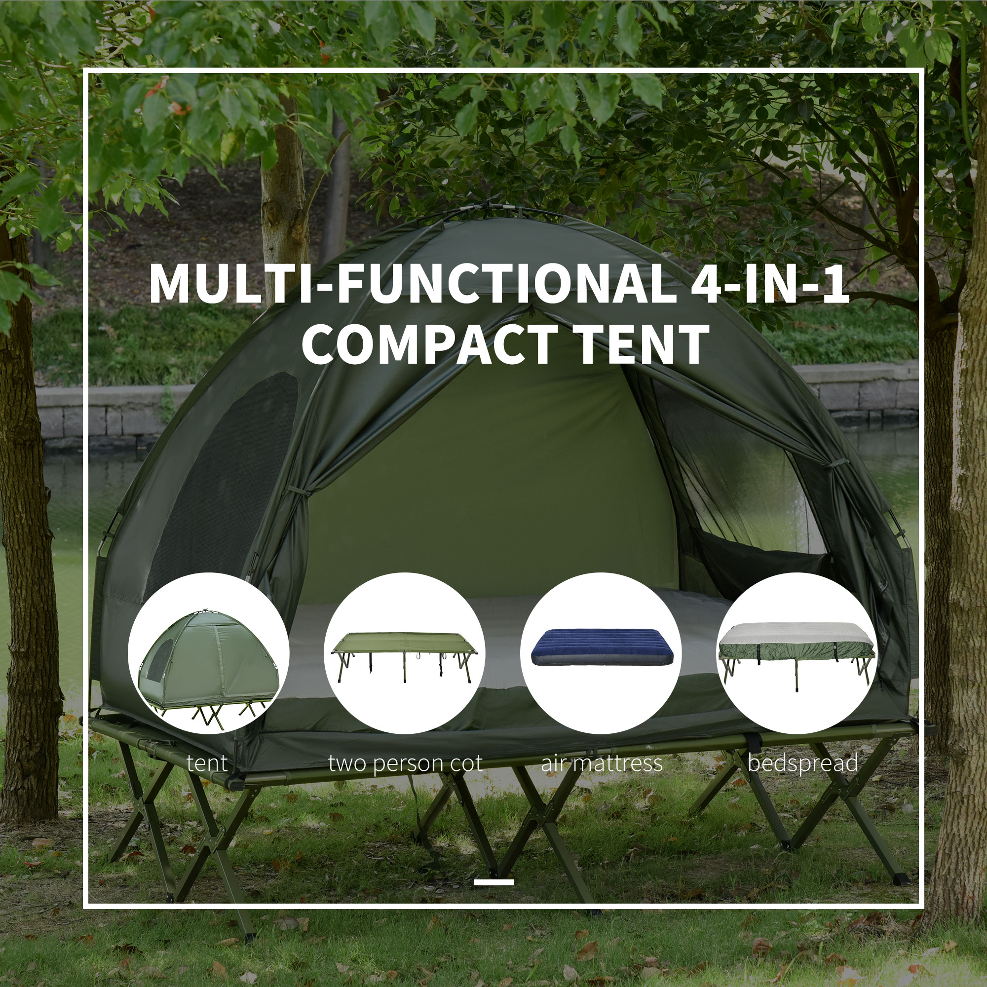All in 1 Camping Combo Portable Folding Camping Tent Cot Air Mattress w/ Carry Bag and Pump Hiking Shelter Sleeping Bed Dark Green - Image 2