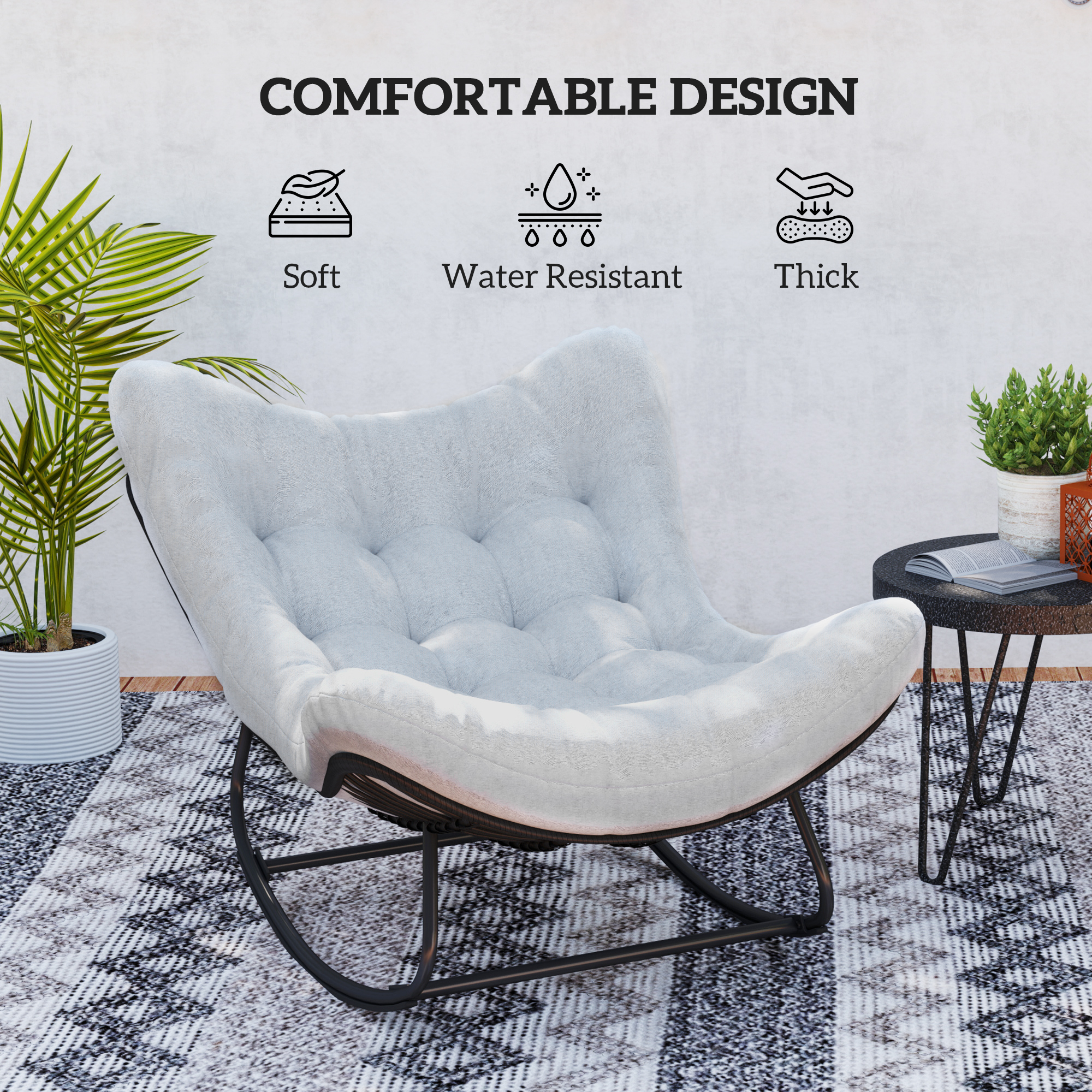 Oversized Rattan Patio Egg Chair, Outdoor Rocking Chair with Padded Cushion for Indoor, Porch, Grey - Image 3