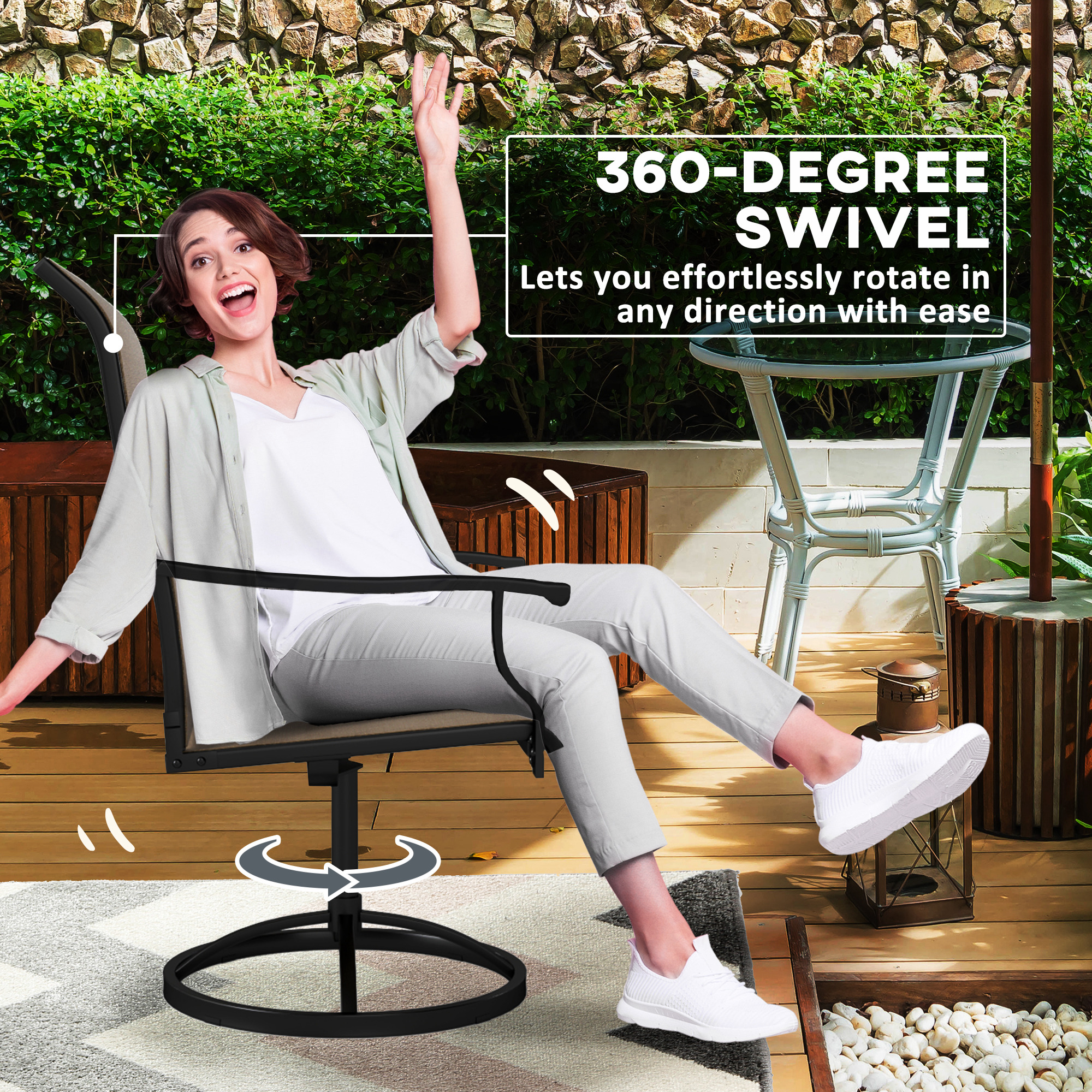 Outdoor Swivel Dining Chairs Set of 2, High Back Swivel Chairs with All Weather Mesh for Deck, Backyard, Poolside, Brown - Image 2