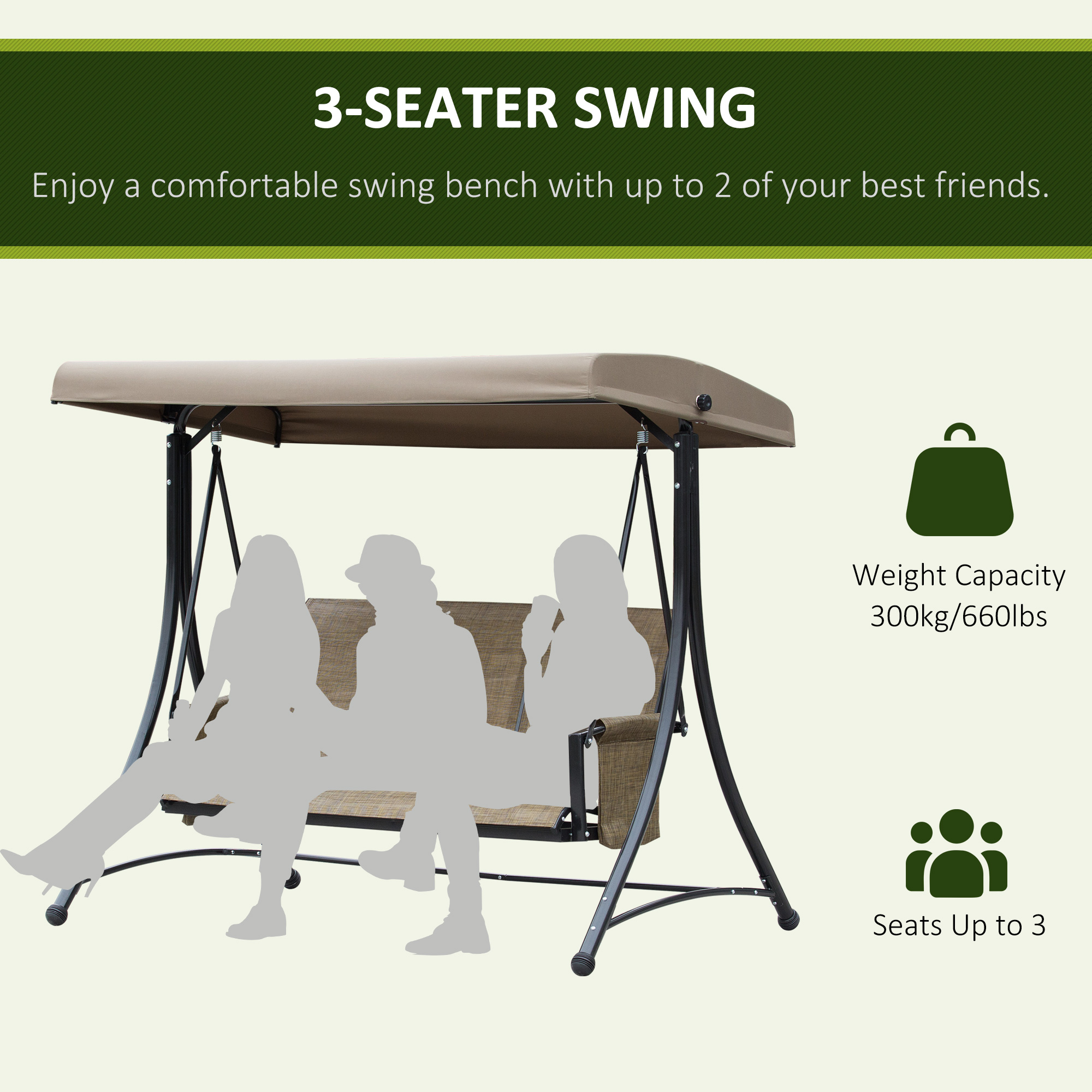 3 Person Porch Swing Outdoor Swing Chair with High Back Design, Side Pouches and Adjustable Canopy, Brown - Image 5