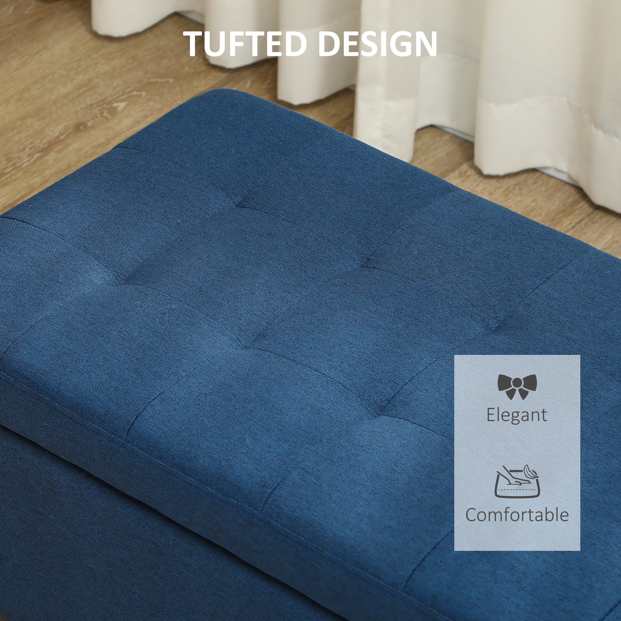 Rectangular Entry Bench, Tufted Upholstered Linen Fabric Wood Feet Storage Ottoman Bench, Blue - Image 3