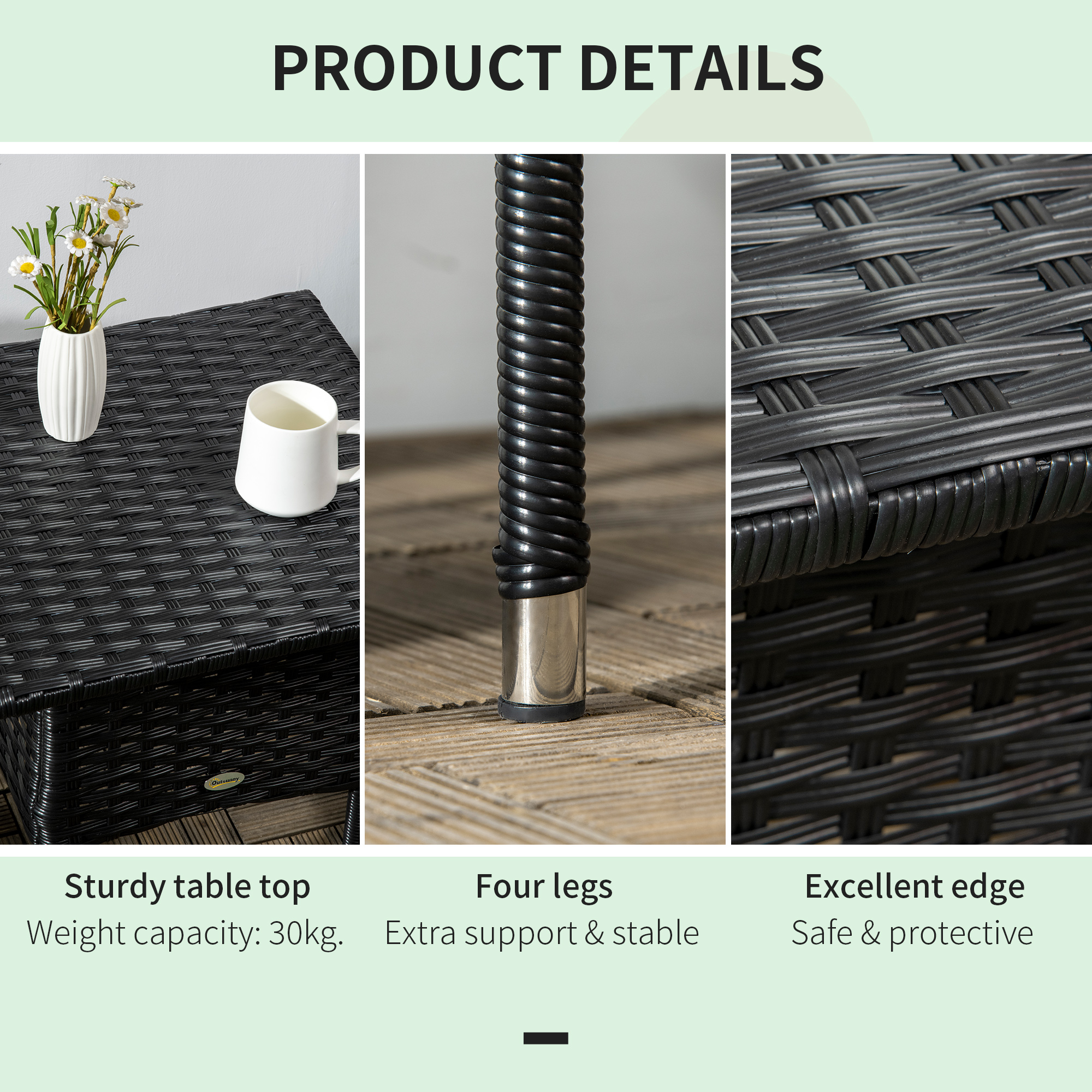 20" Patio Wicker Coffee Table, Outdoor Coffee Table with Plastic Board Underneath the Woven Tabletop for Patio, Garden, Balcony, Black - Image 4