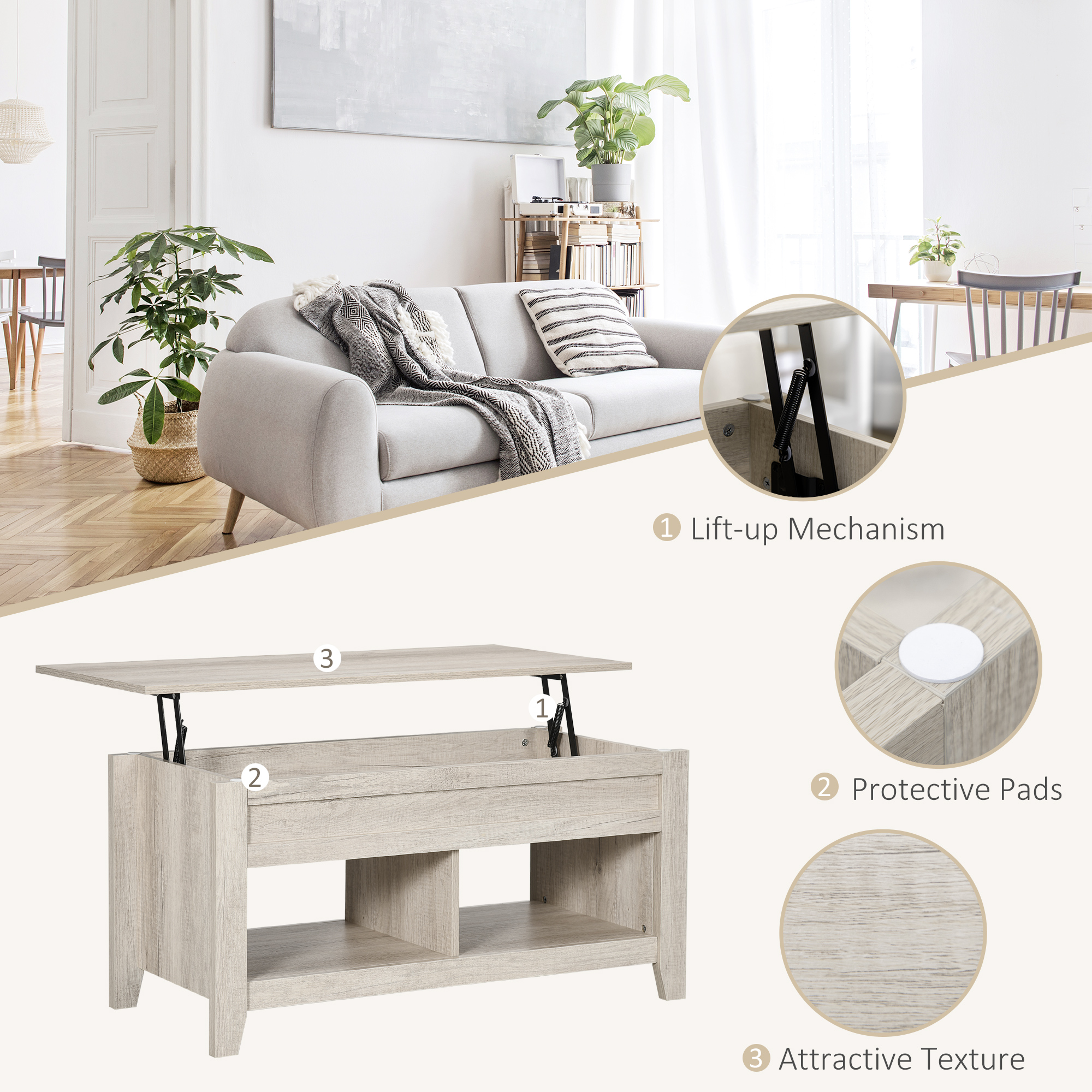 Lift Top Coffee Table with Hidden Storage Compartment and Open Shelves, Lift Tabletop Pop-Up Center Table for Living Room, Oak Effect - Image 4