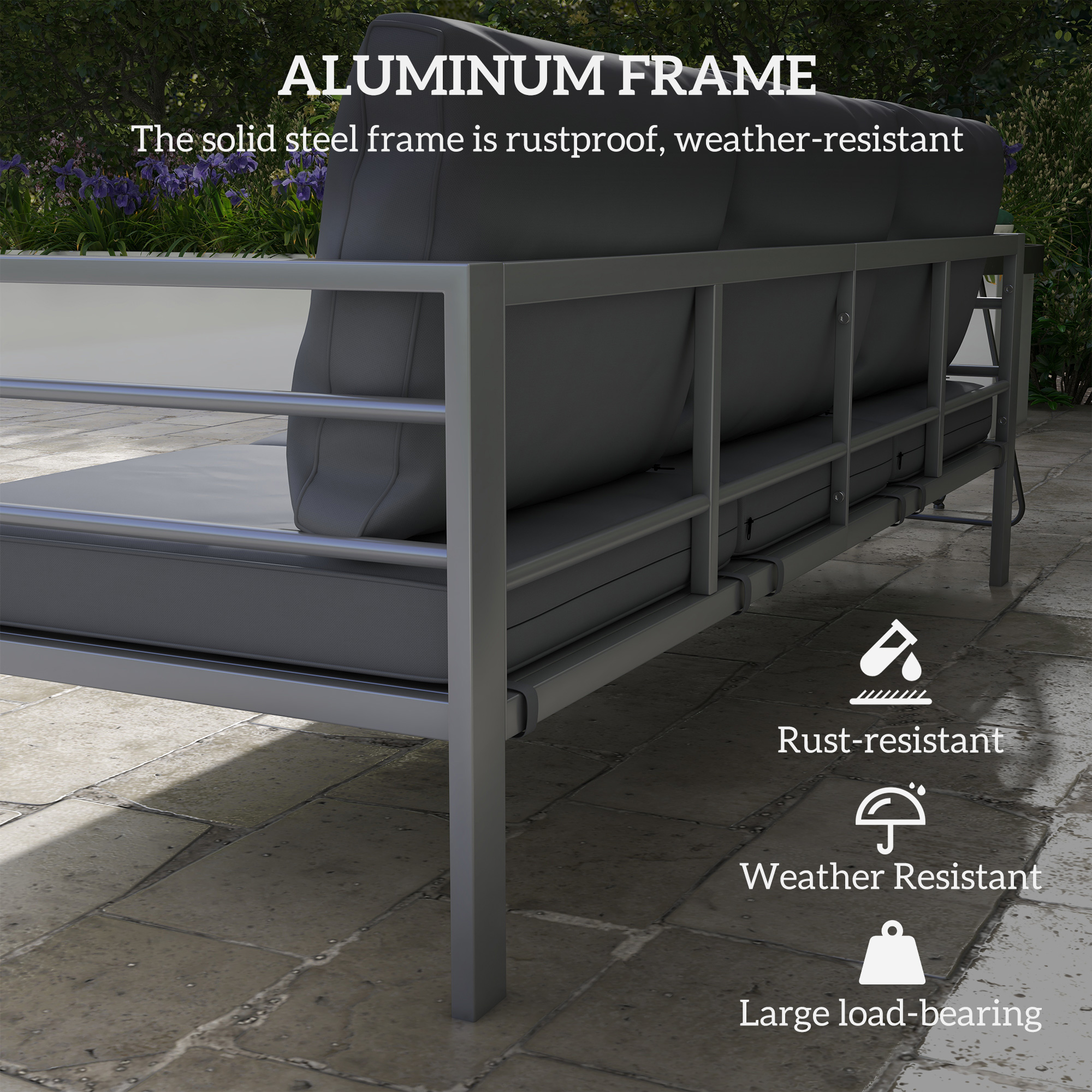 Aluminum Garden Sofa, 3-Person Outdoor Couch, Backyard Furniture for 3-person with Cushions, 72.8" x 26" x 25.2", Grey - Image 2