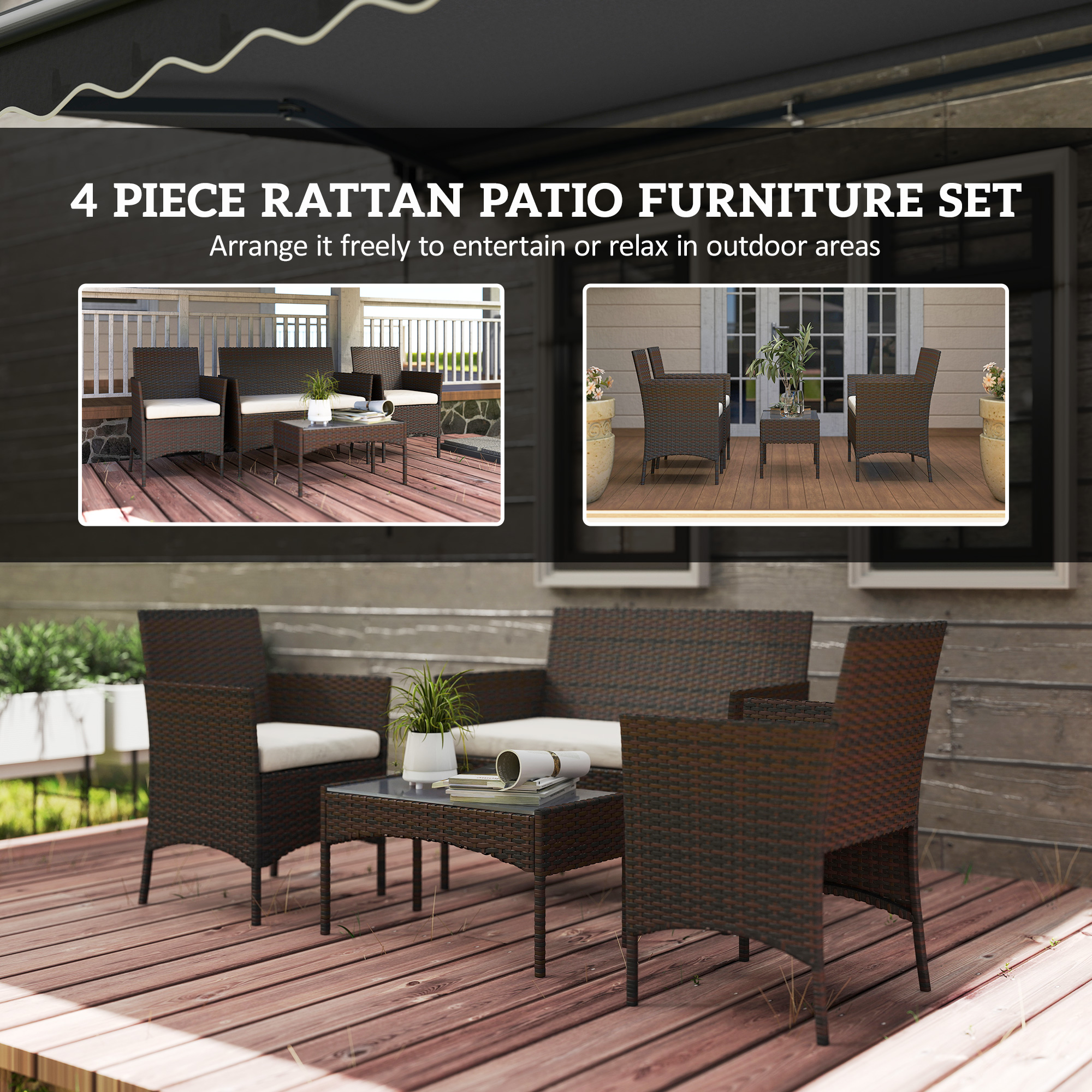 4 Pieces Wicker Outdoor Balcony Furniture Set Rattan Patio Furniture Set with Loveseat Chairs Glass Coffee Table Beige - Image 5