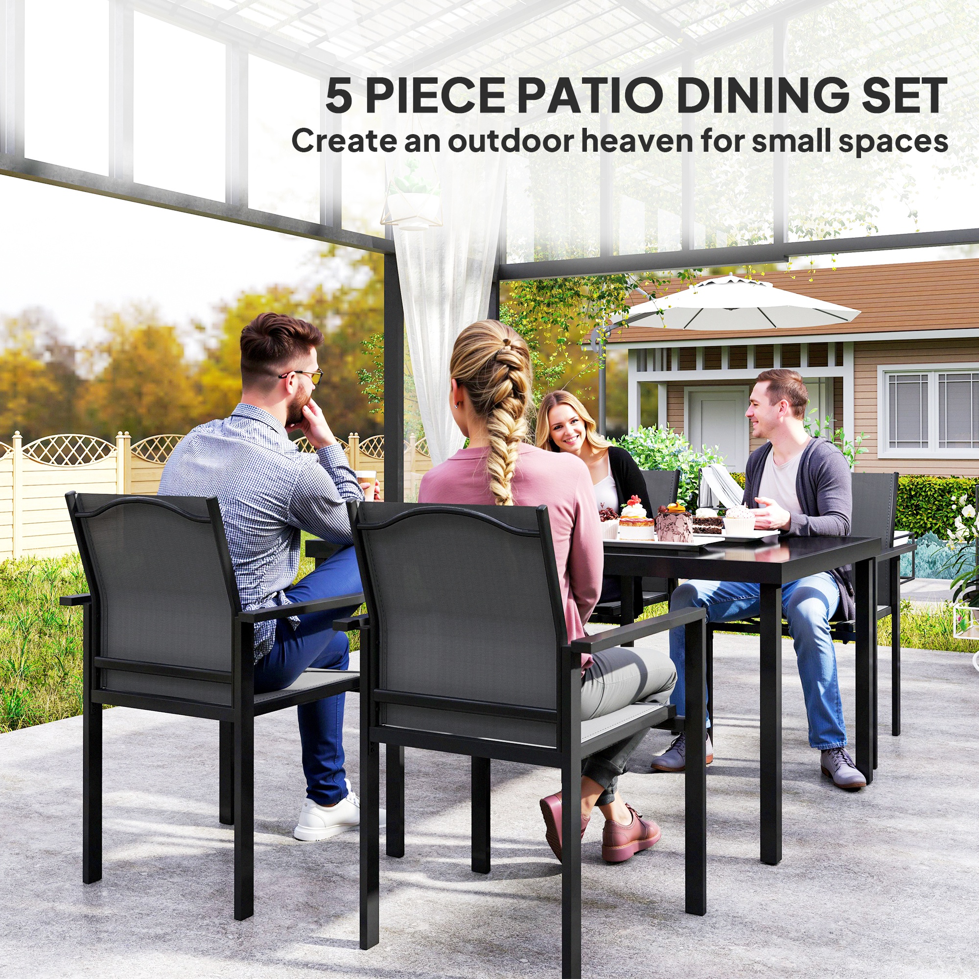 5 Piece Patio Dining Set with 4 Stackable Chairs, Tempered Glass Top, Rust-Resistant Metal Frame - Image 2