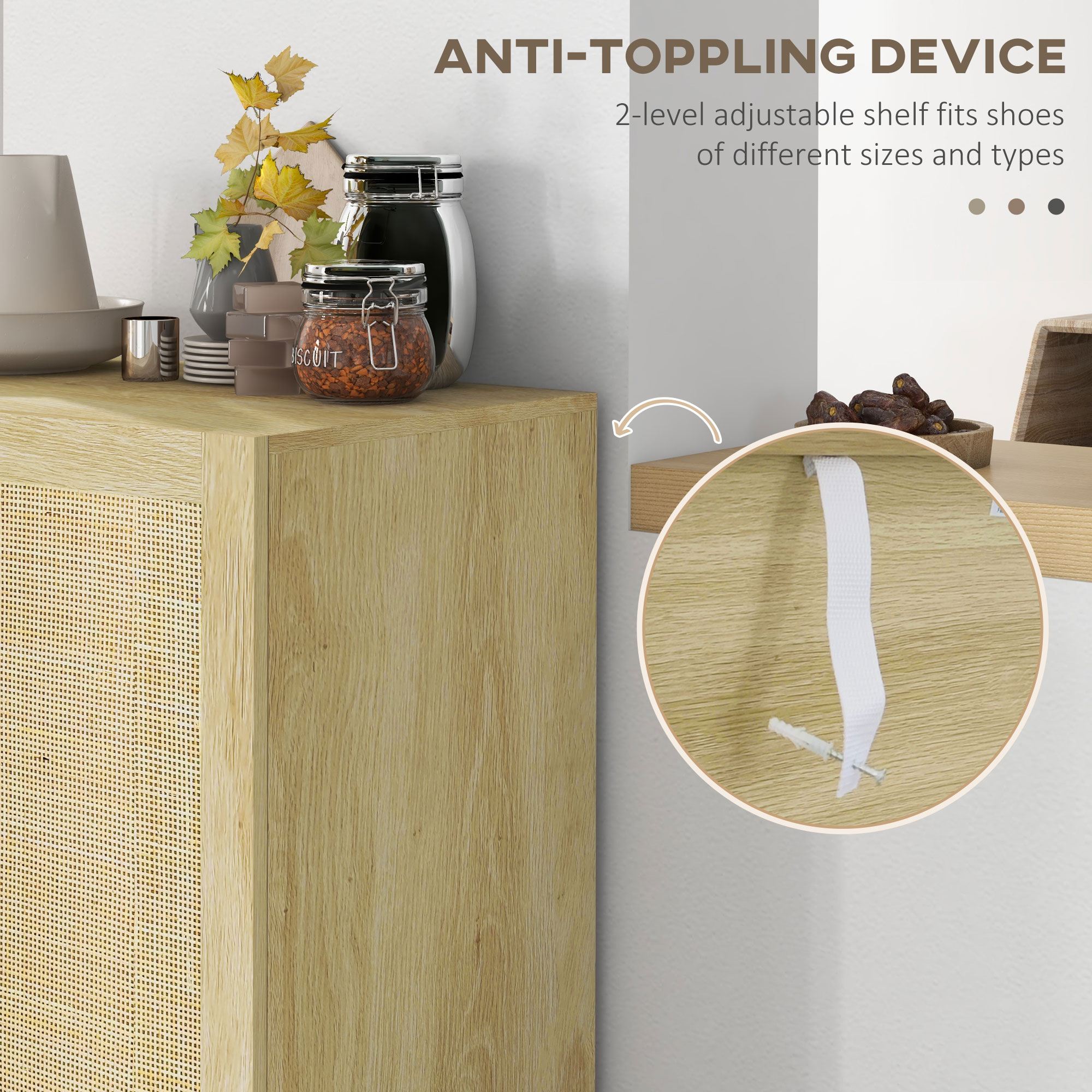 Boho Sideboard, Buffet Cabinet with Storage, Accent Cabinet with 2 Rattan Doors and Adjustable Shelves, Natural - Image 2
