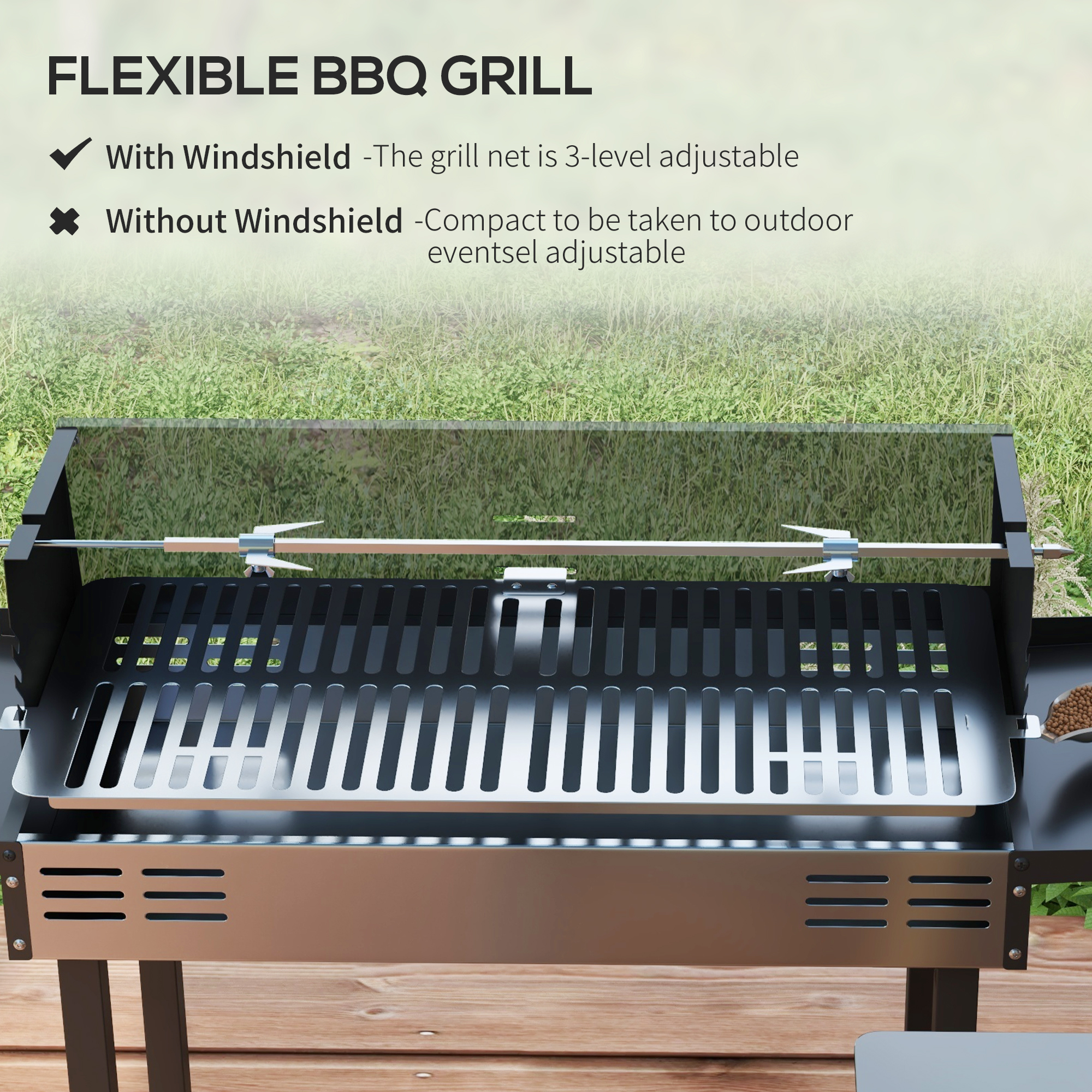 BBQ Rotisserie Grill Charcoal, Split Roaster for Chicken Turkey, 3-Level Grill Grate, Storage Shelves, Stainless Steel - Image 3