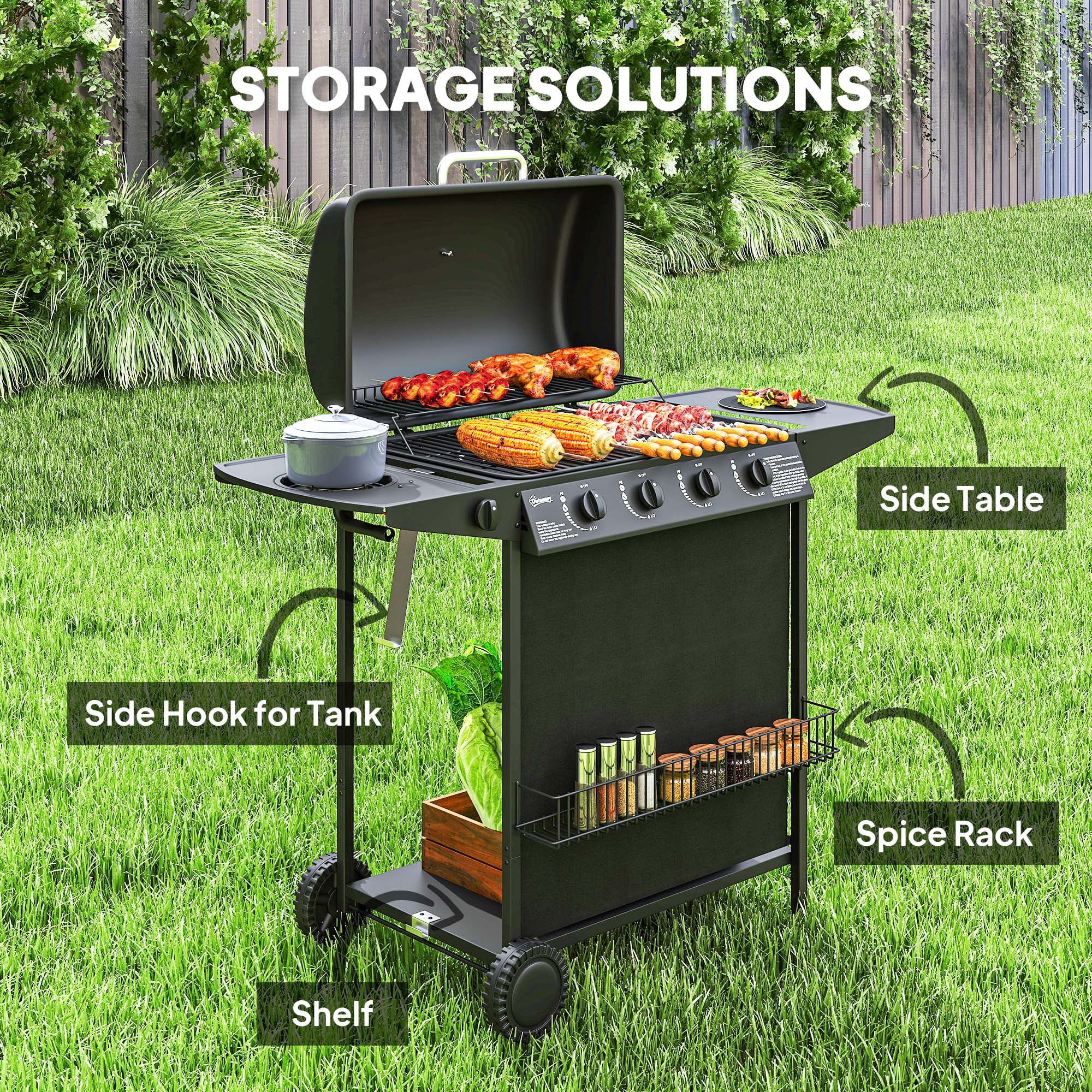 4+1 Burner Propane Gas BBQ Grill, Portable Gas Barbecue Grill with Side Burner, Thermometer, Lid, Side Table, Shelf, Spice Rack, Wheels, Grease Cup for Garden, Black - Image 4