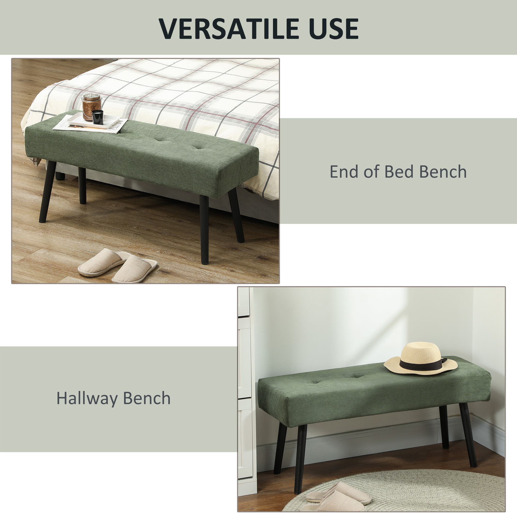 39" Upholstered Ottoman Bench, Corduroy Entryway Bedroom Bench with Padded Seat and Steel Legs for Bedroom, Green - Image 4