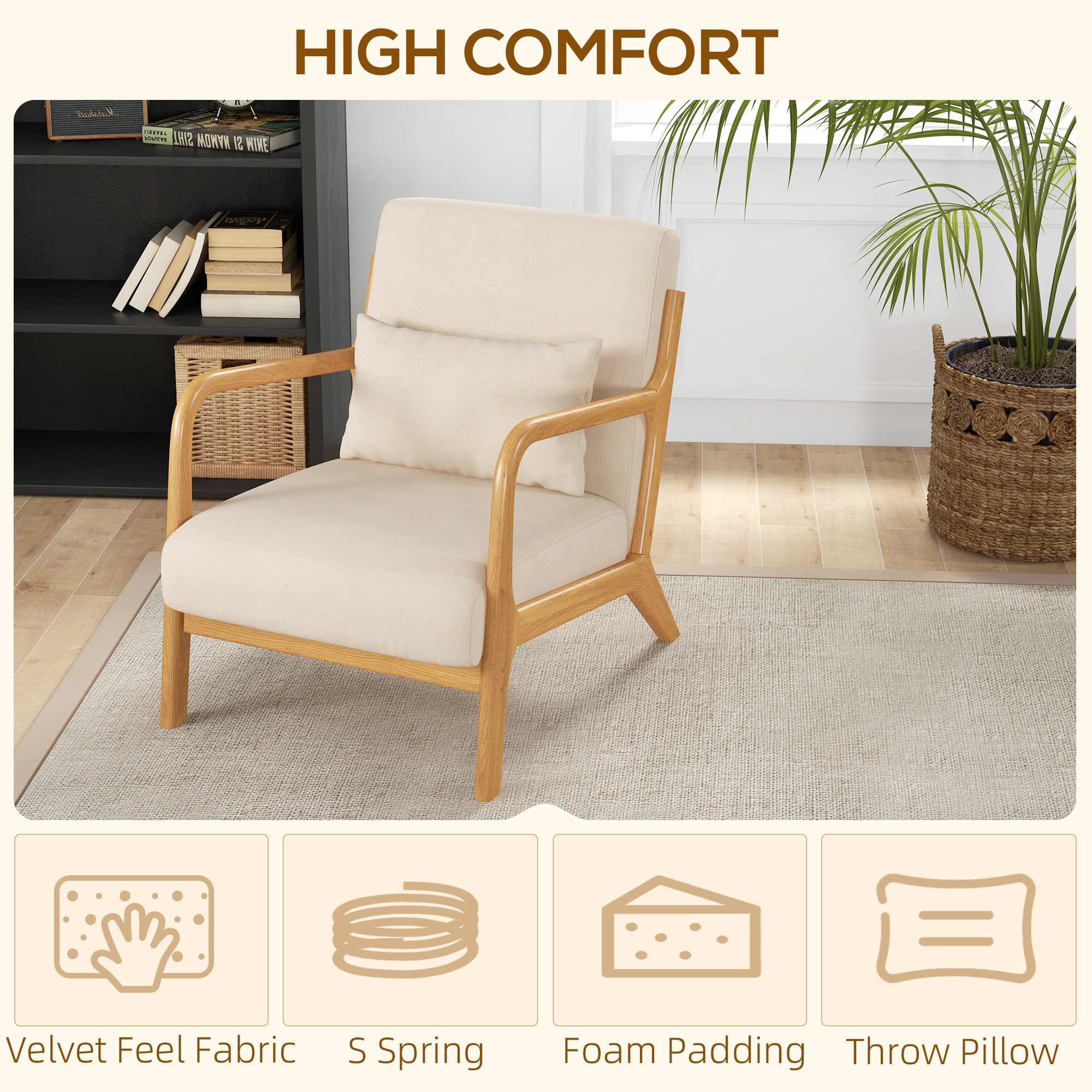Fabric Lounge Chair, Velvet Armchair, Retro Accent Chair with Wood Legs and Thick Padding for Bedroom, Beige - Image 2