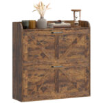 Narrow Shoe Storage Cabinet, Farmhouse Slim Shoe Cabinet with 2 Flip Drawers, Adjustable Shelves, Rustic Brown