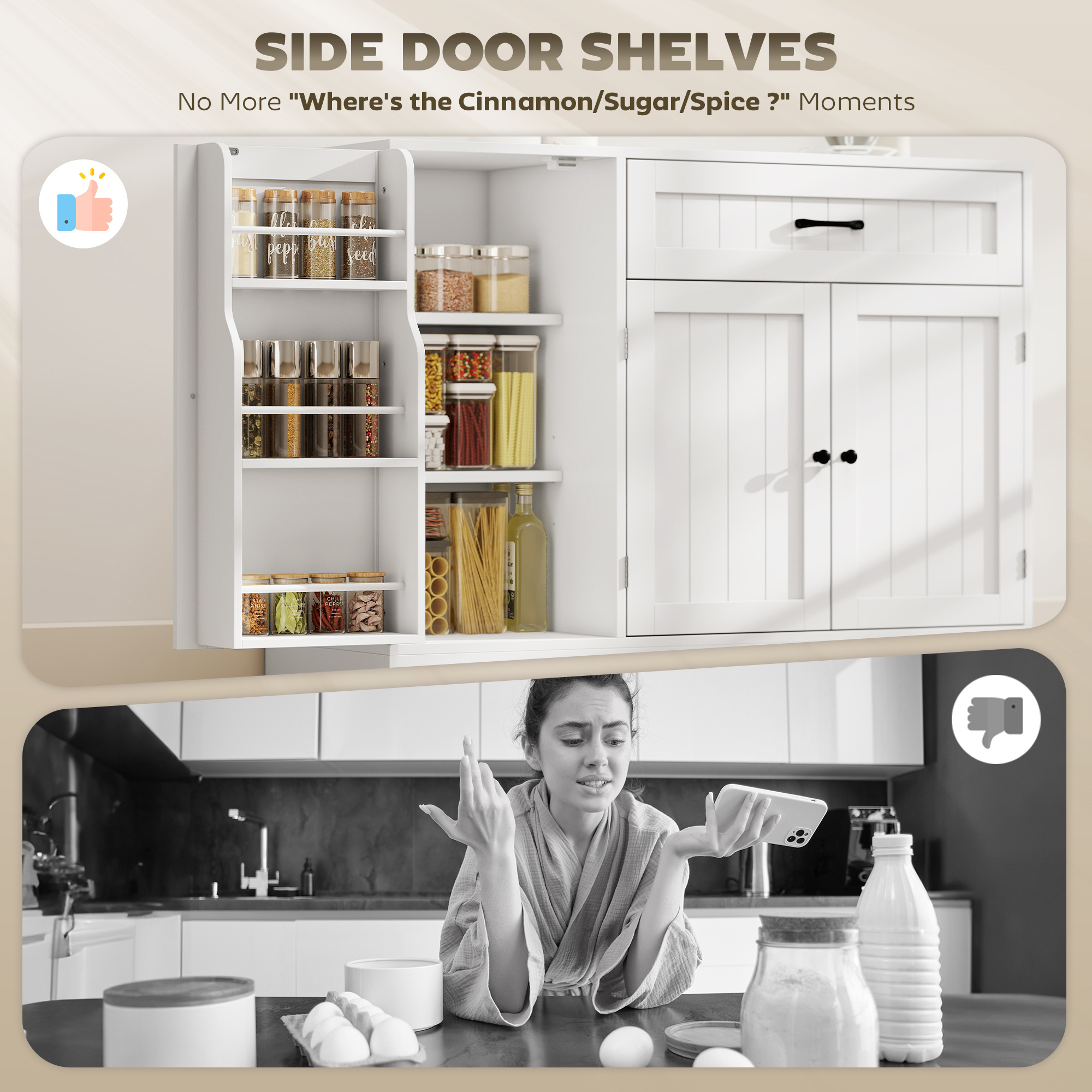 44" Modern Kitchen Storage Cabinet with Drawer, Adjustable Shelves, Small Kitchen Pantry with Door Racks, White - Image 3