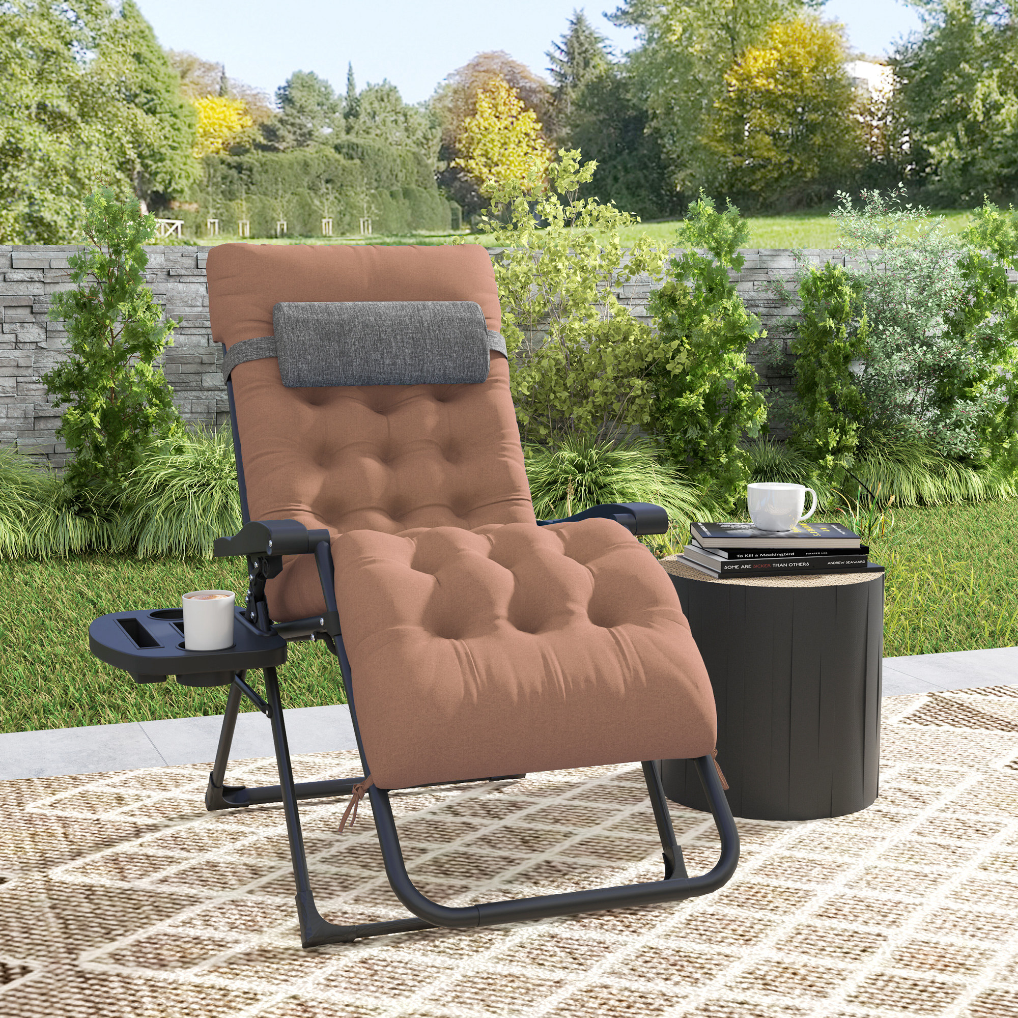 Padded Folding Recliner Chair, Patio Lounger with Cupholder, Adjustable Backrest, Removable Cushion, Khaki - Image 6