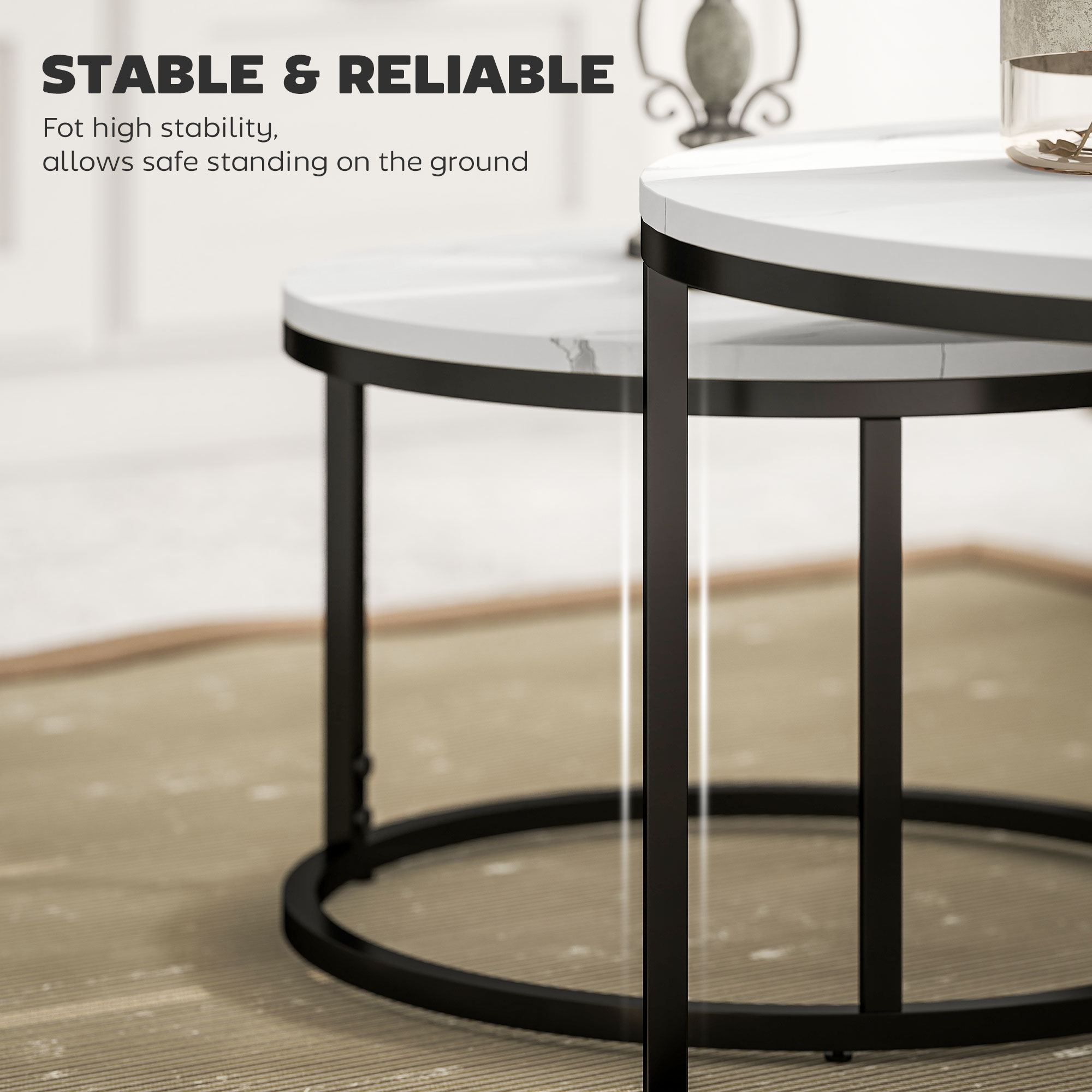 Modern Coffee Table Set of 2, Nesting Side Tables w/ Metal Base for Living Room Bedroom Office Faux Marbled White - Image 4
