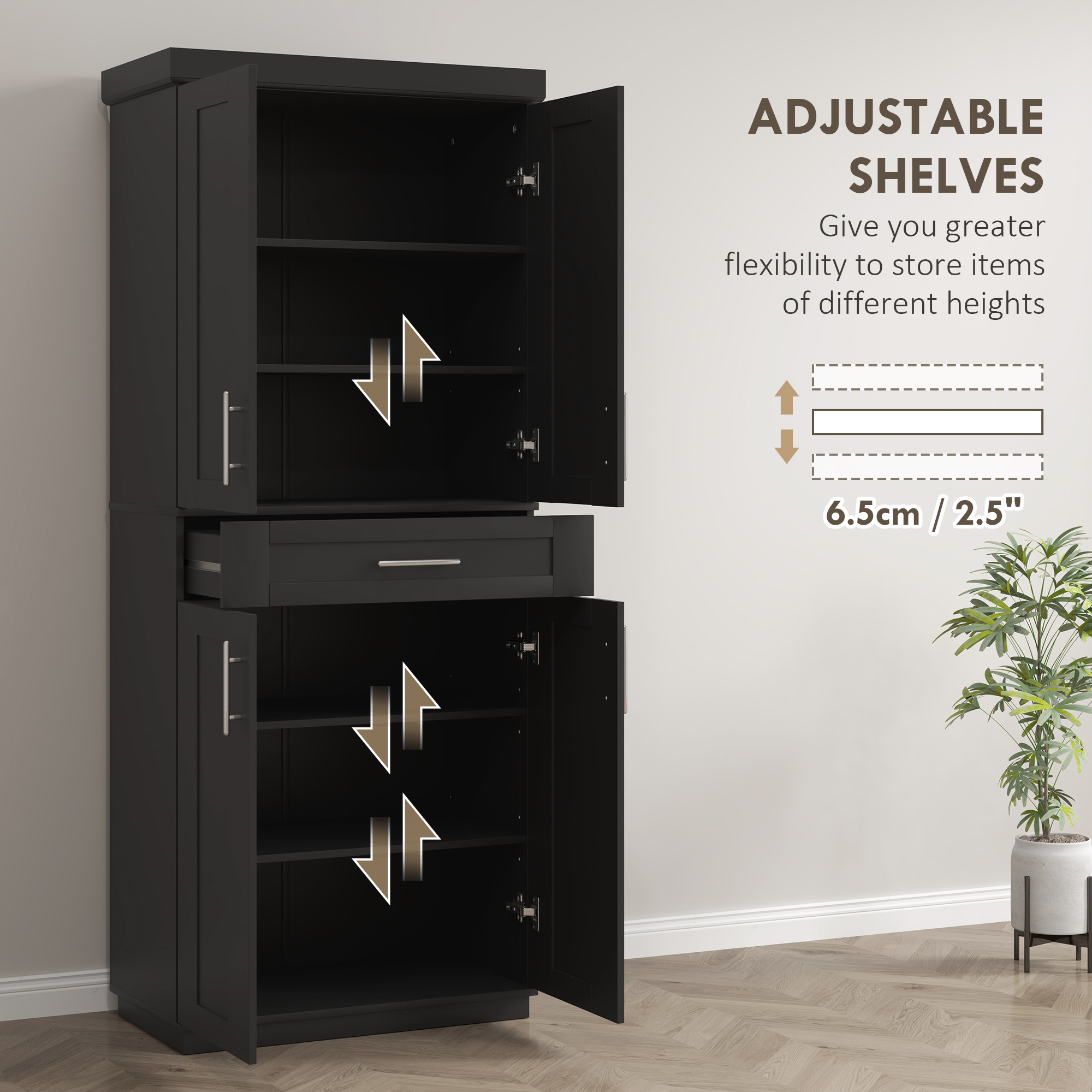 72" Storage Cabinet, Freestanding Kitchen Pantry Cabinet with 4 Doors, Drawer and 3 Adjustable Shelves, Black - Image 3