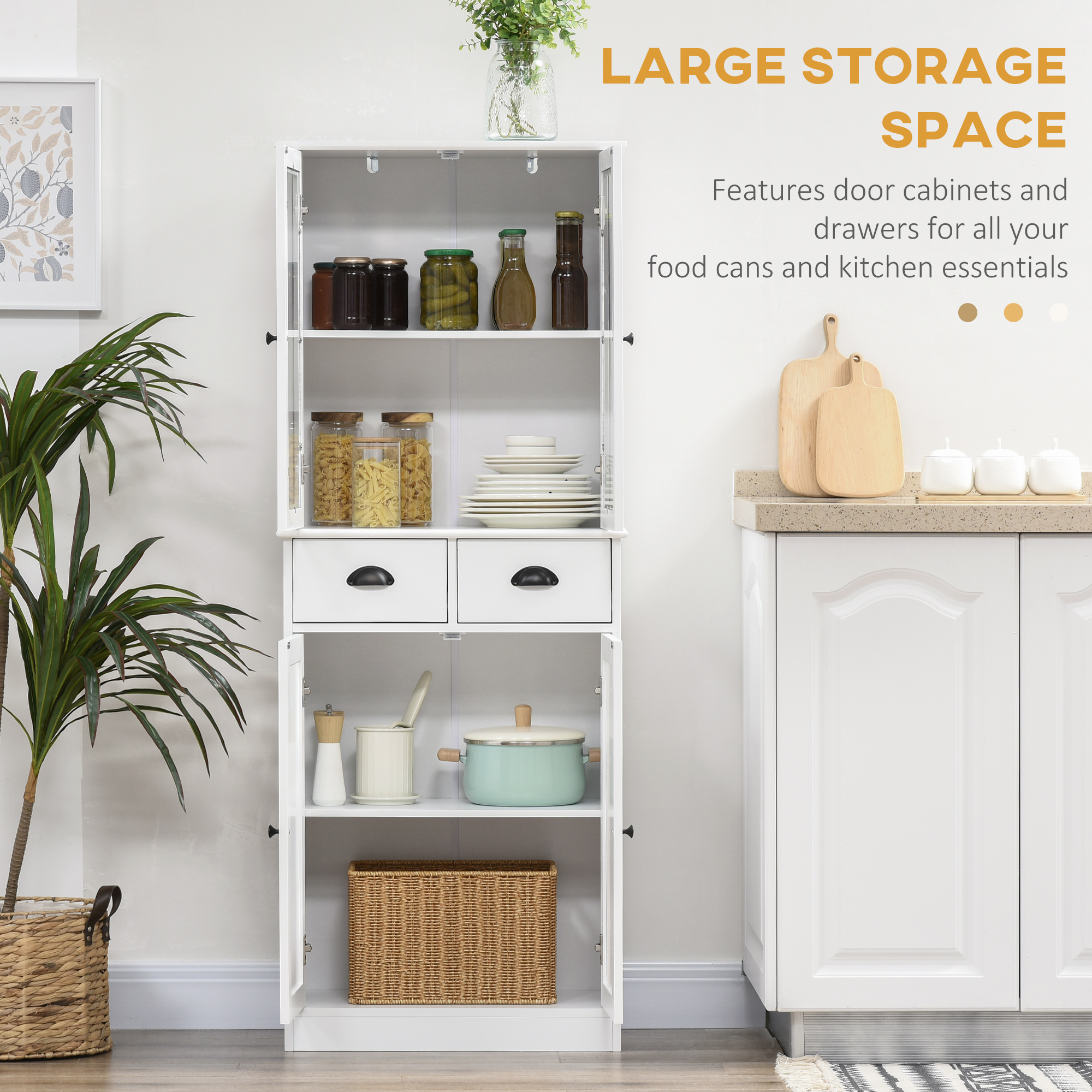 61" Kitchen Pantry Cabinet, Freestanding Farmhouse Buffet Storage Cabinet with Soft Close Glass Doors and Adjustable Shelves, White - Image 2