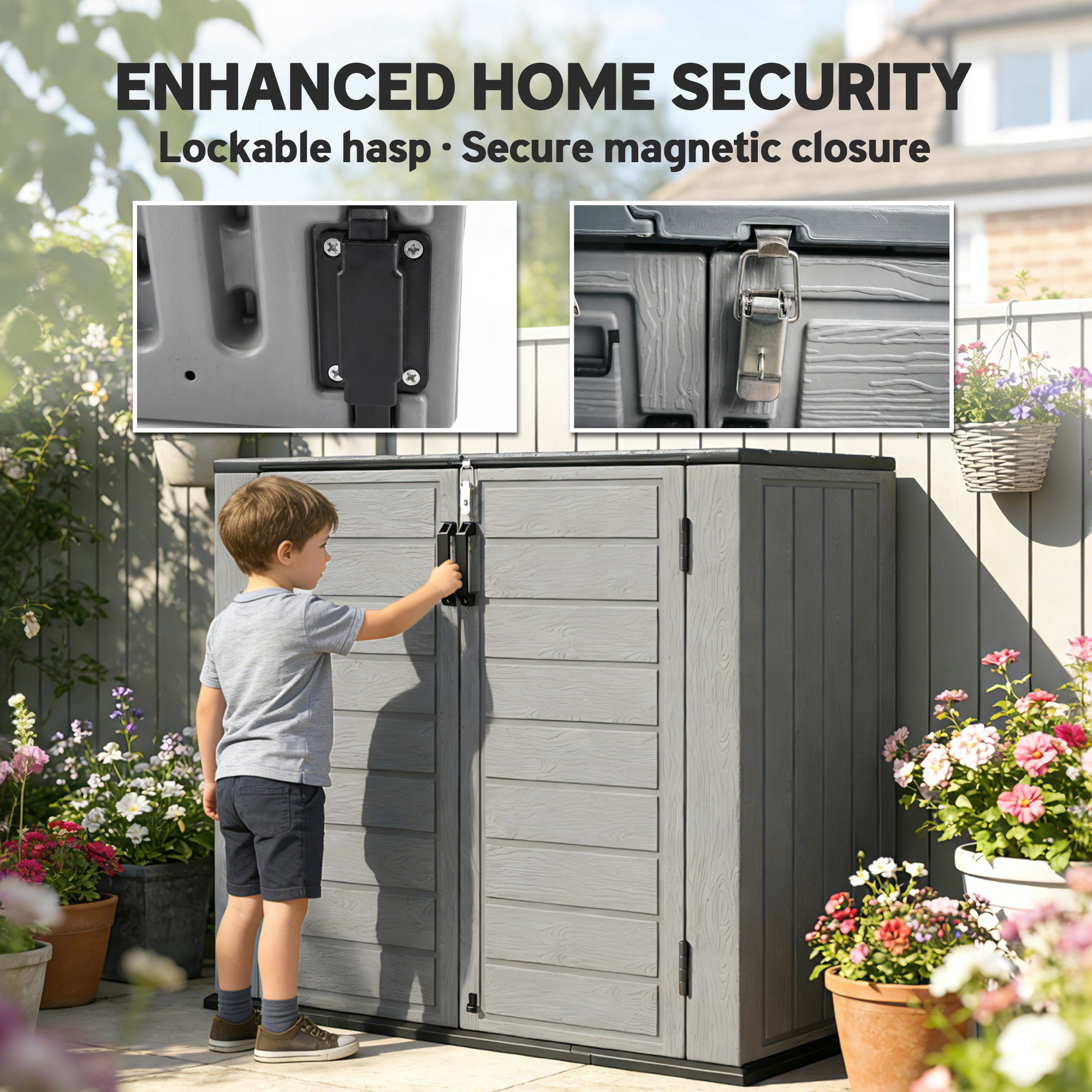 33 Cu.ft Plastic Outdoor Storage Shed, Storage Cabinet Tool Box with Lockable Double Doors and Flip-Top Lid Light Grey - Image 5