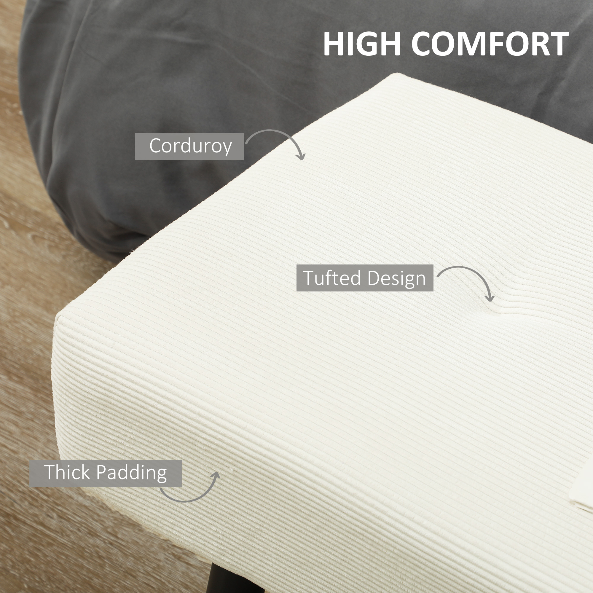 39" Upholstered Ottoman Bench, Corduroy Entryway Bedroom Bench with Padded Seat and Steel Legs for Bedroom, Cream White - Image 2