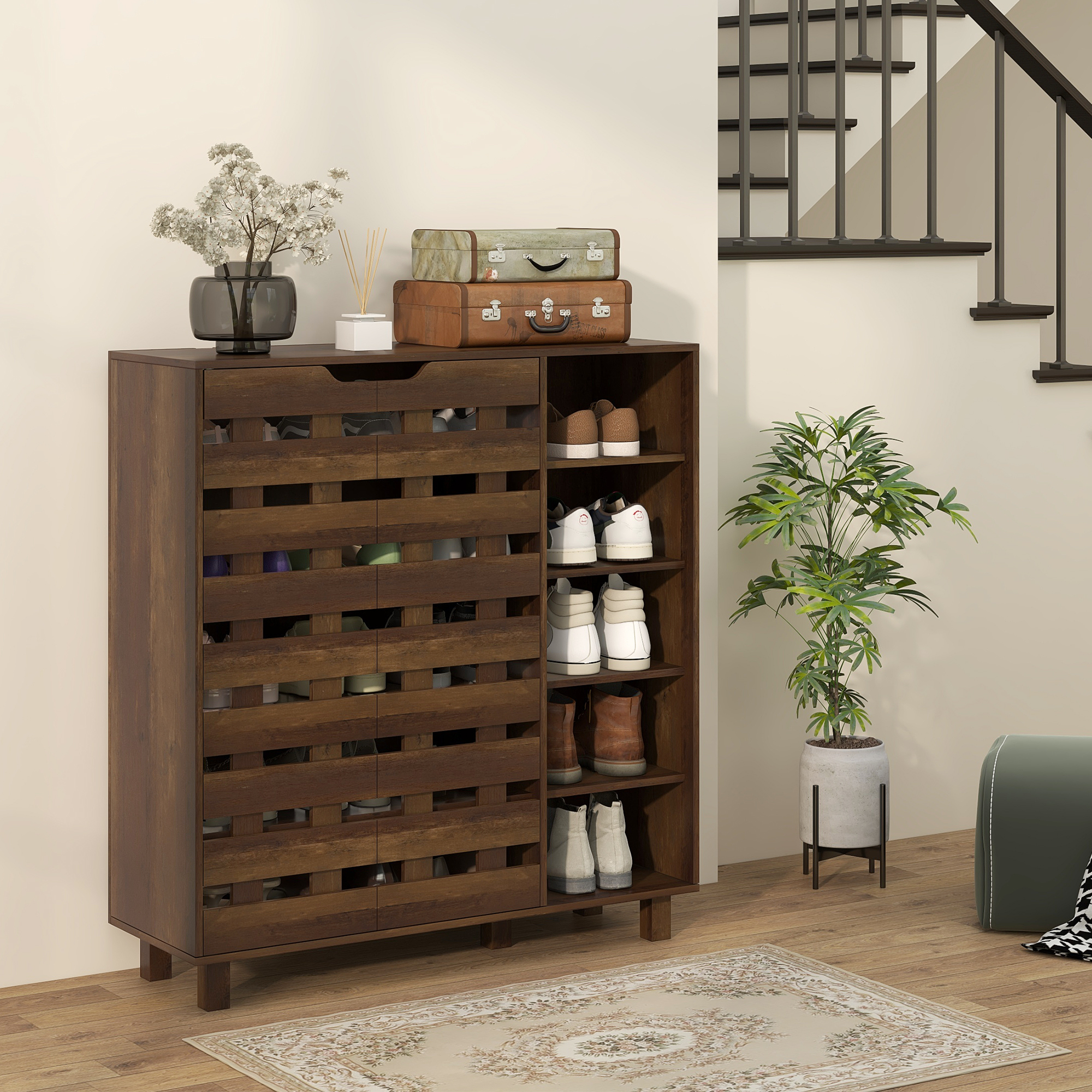 Shoe Cabinet, 21 Pair Shoe Storage Cabinet Organizer with 5-tier Double Door Cupboard and 5-tier Open Shelves, Brown - Image 6