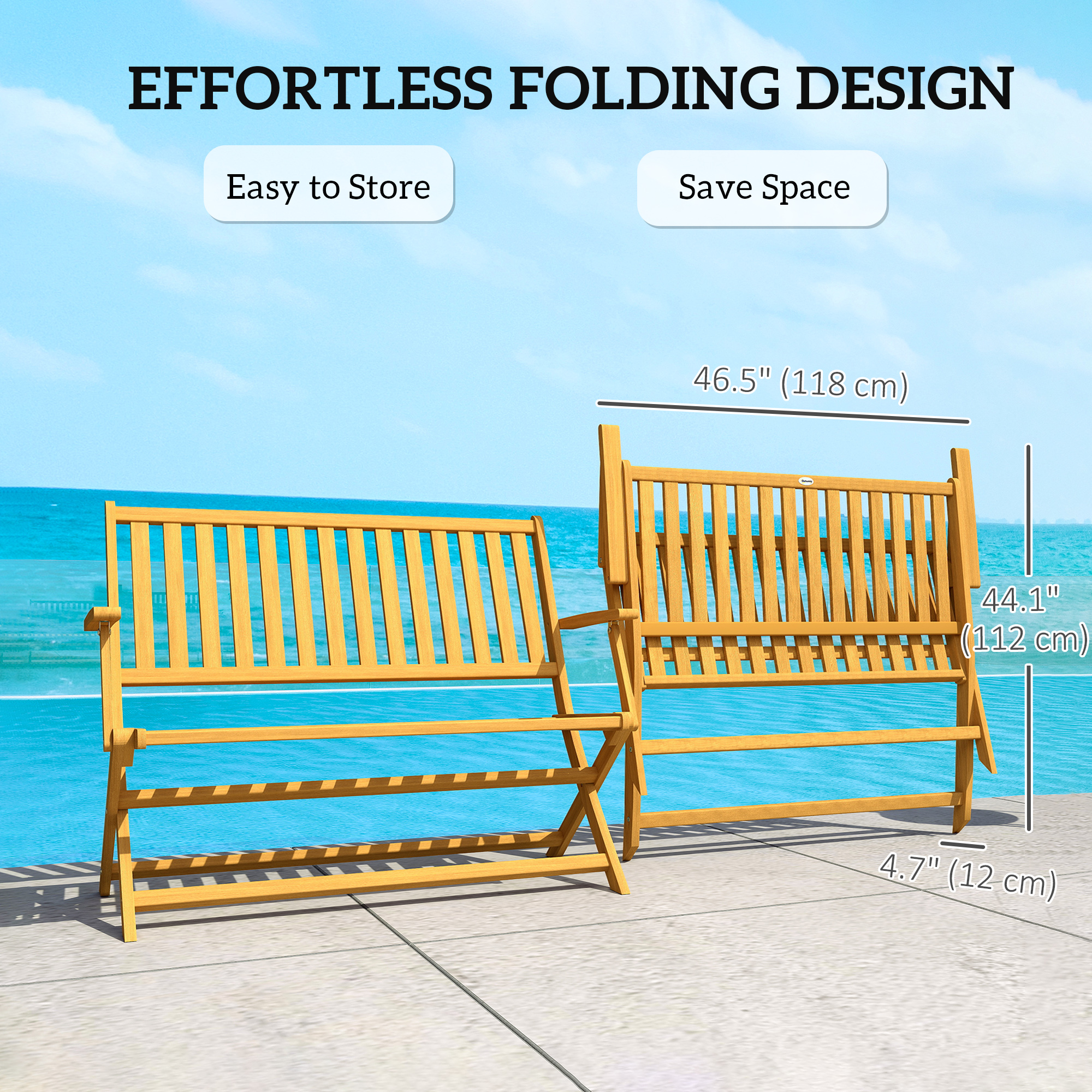 46.5" Foldable Wood Outdoor Bench with Backrest and Armrests for Outdoors, Patio, Porch, Park, Teak - Image 2