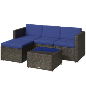 3 Pieces Patio Furniture Set with Cushions, Outdoor PE Rattan Wicker Conversation Corner Sofa Set with Glass Top Table