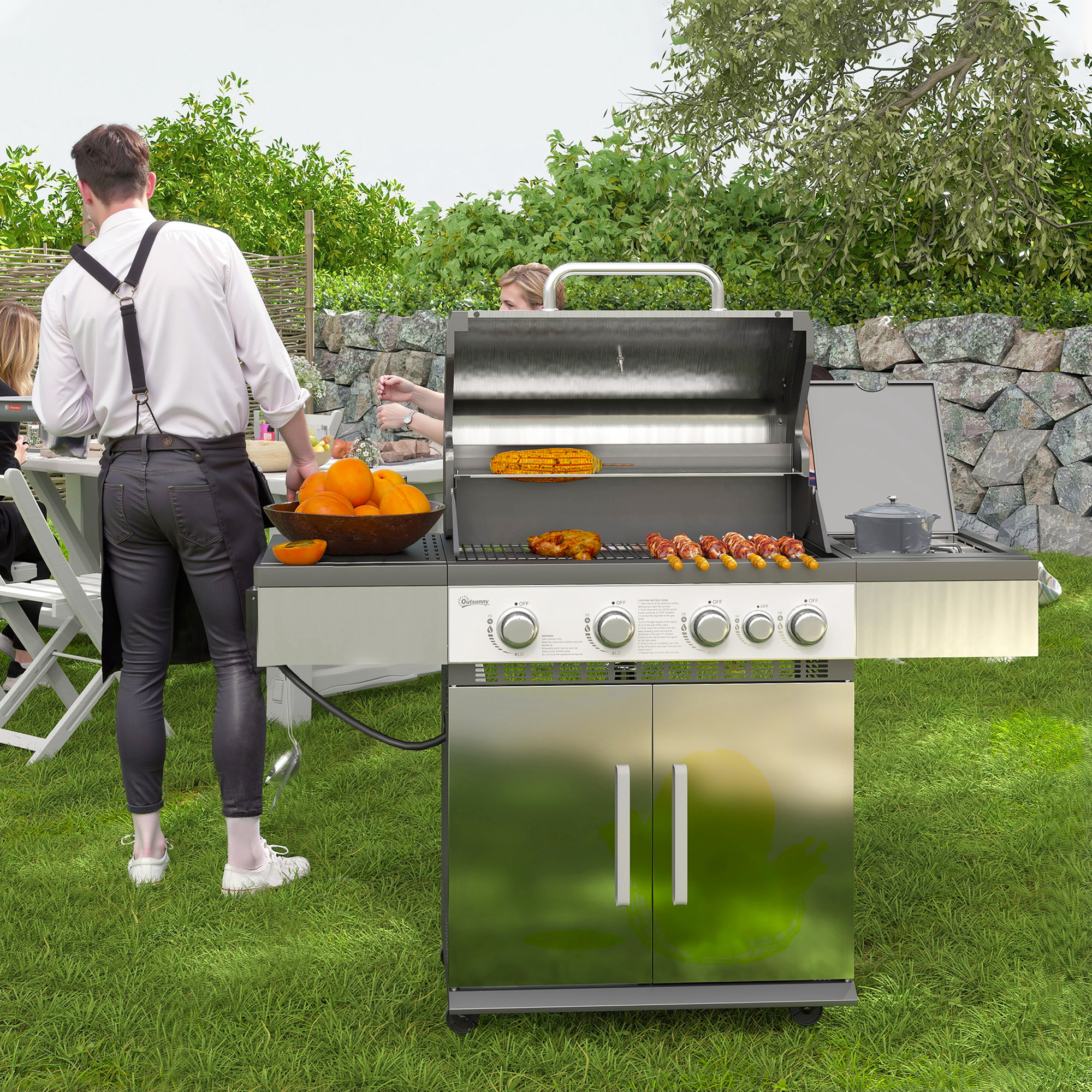 4+1 Burner Liquid Propane Gas Grill Outdoor Portable BBQ with Side Burner, Warming Rack, Side Shelf, Storage Cabinet, Thermometer, 4 Wheels, Tank Holder, Silver - Image 6